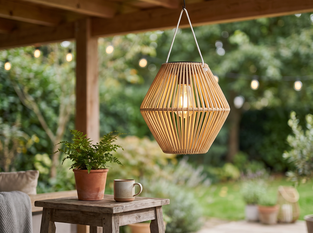 Woven Bamboo Solar Lantern for Garden and Outdoor Spaces in a realistic home setting
