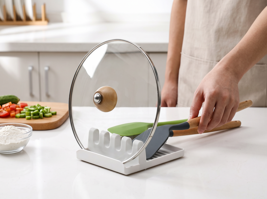 Non-Slip Kitchen Spoon and Lid Rest – Counter Organizer Rack shown in natural everyday use at home