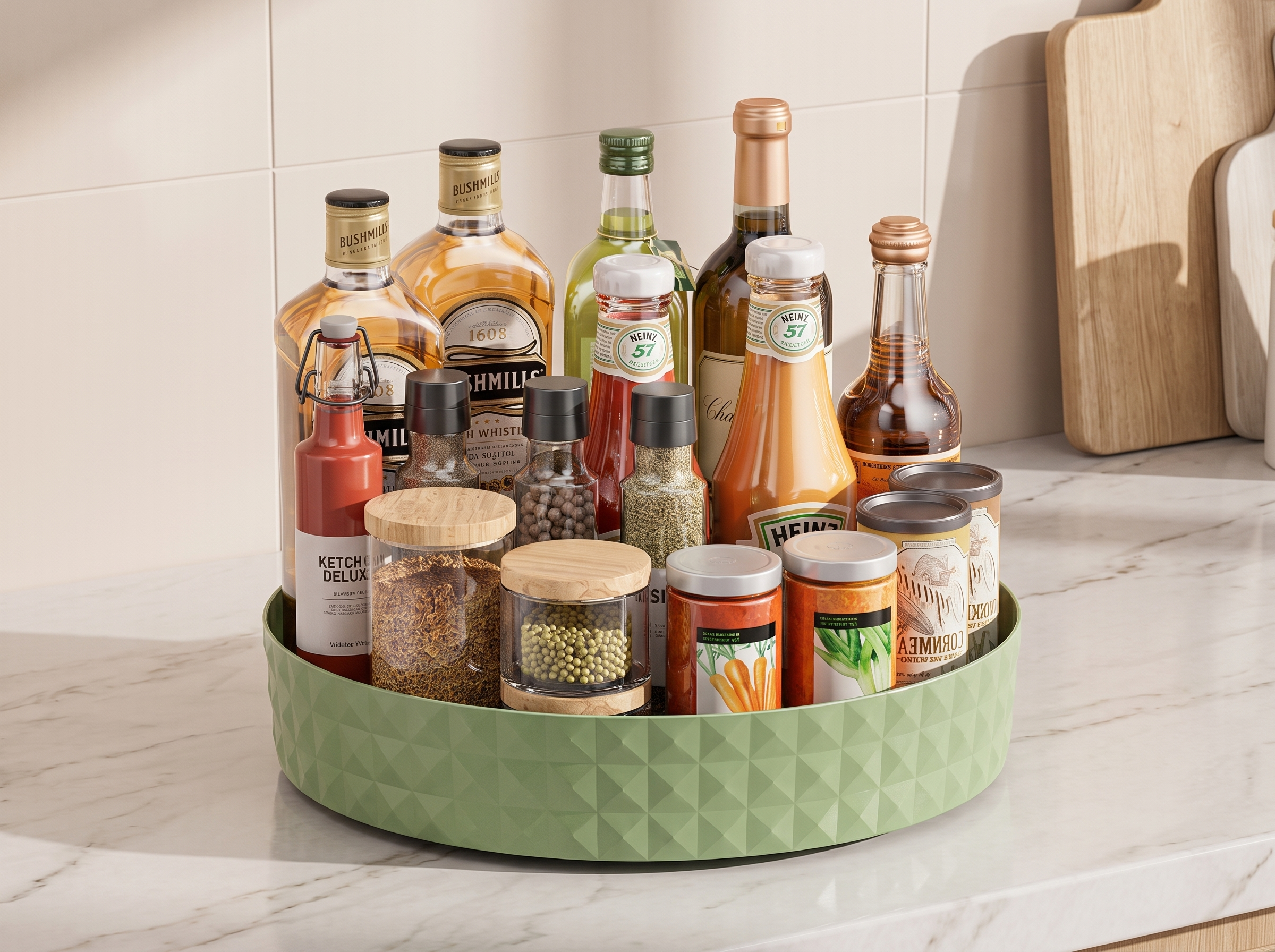 360° Rotating Lazy Susan Turntable for Kitchen and Bathroom Organization in a realistic home setting