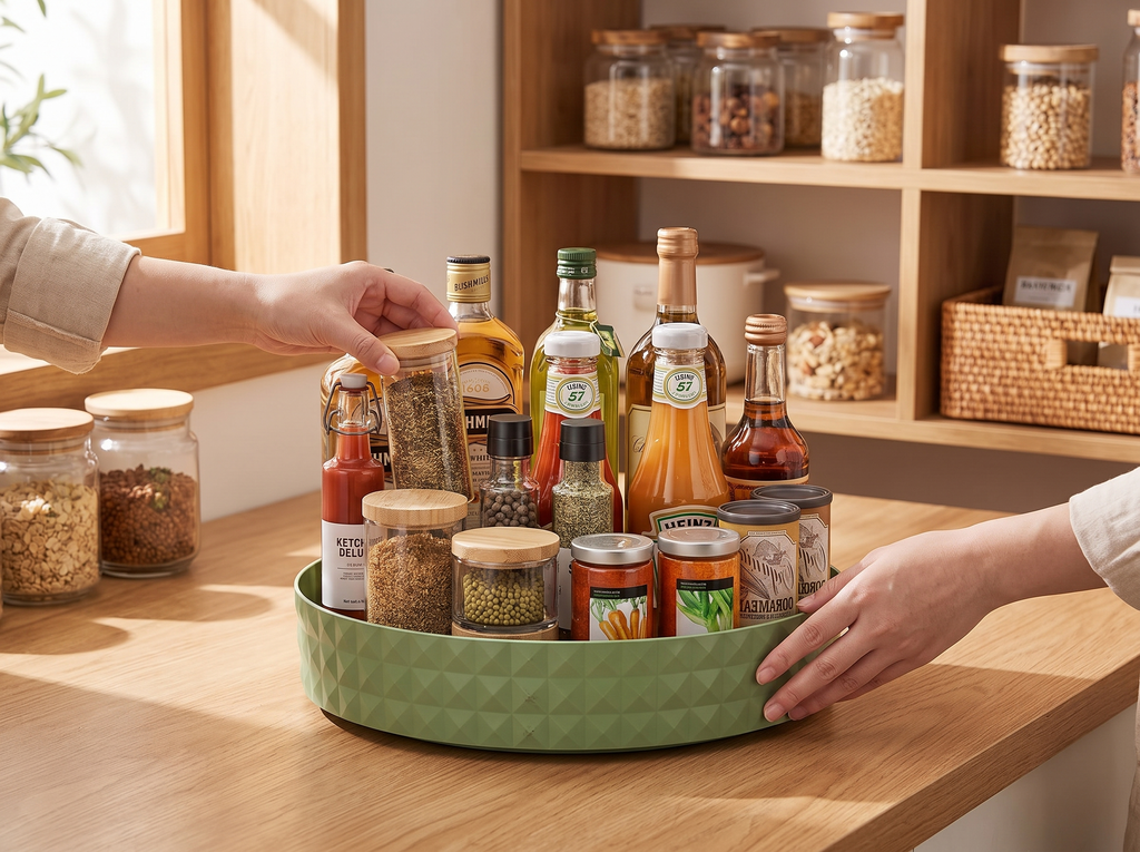 360° Rotating Lazy Susan Turntable for Kitchen and Bathroom Organization shown in natural everyday use at home