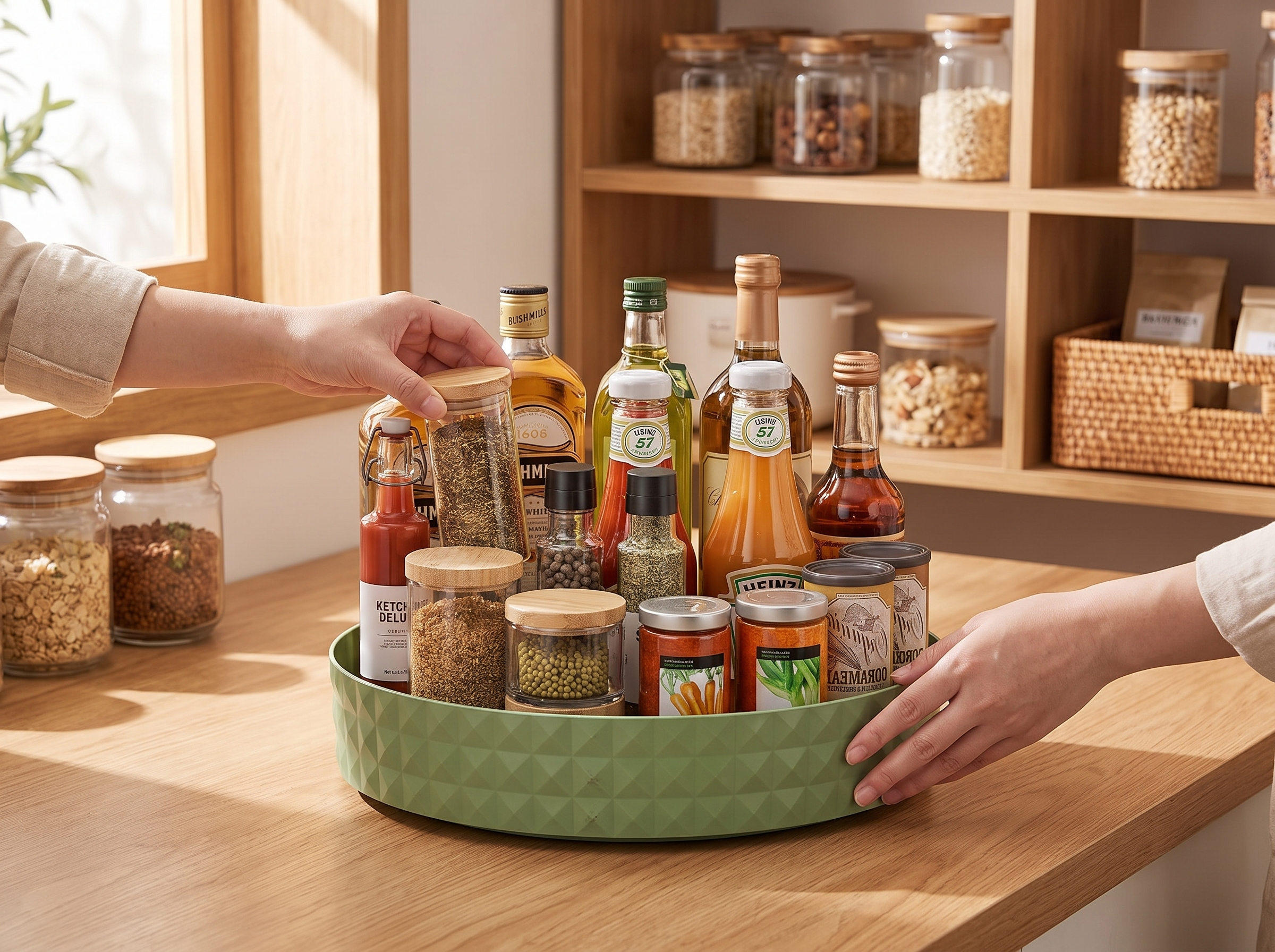 360° Rotating Lazy Susan Turntable for Kitchen and Bathroom Organization shown in natural everyday use at home