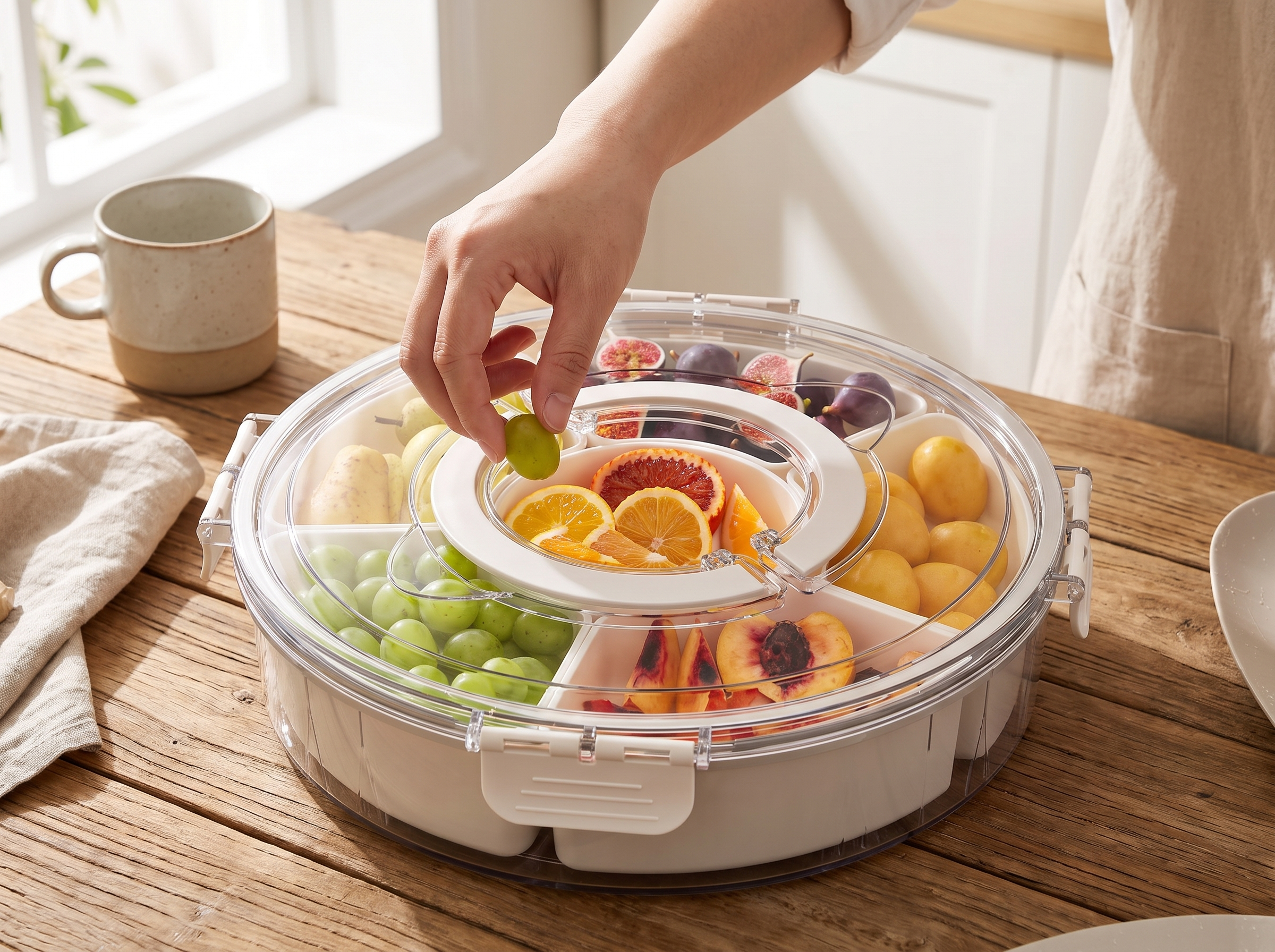 Divided Rotating Snack Tray with Lid for Fruit, Veggies, or Charcuterie shown in natural everyday use at home