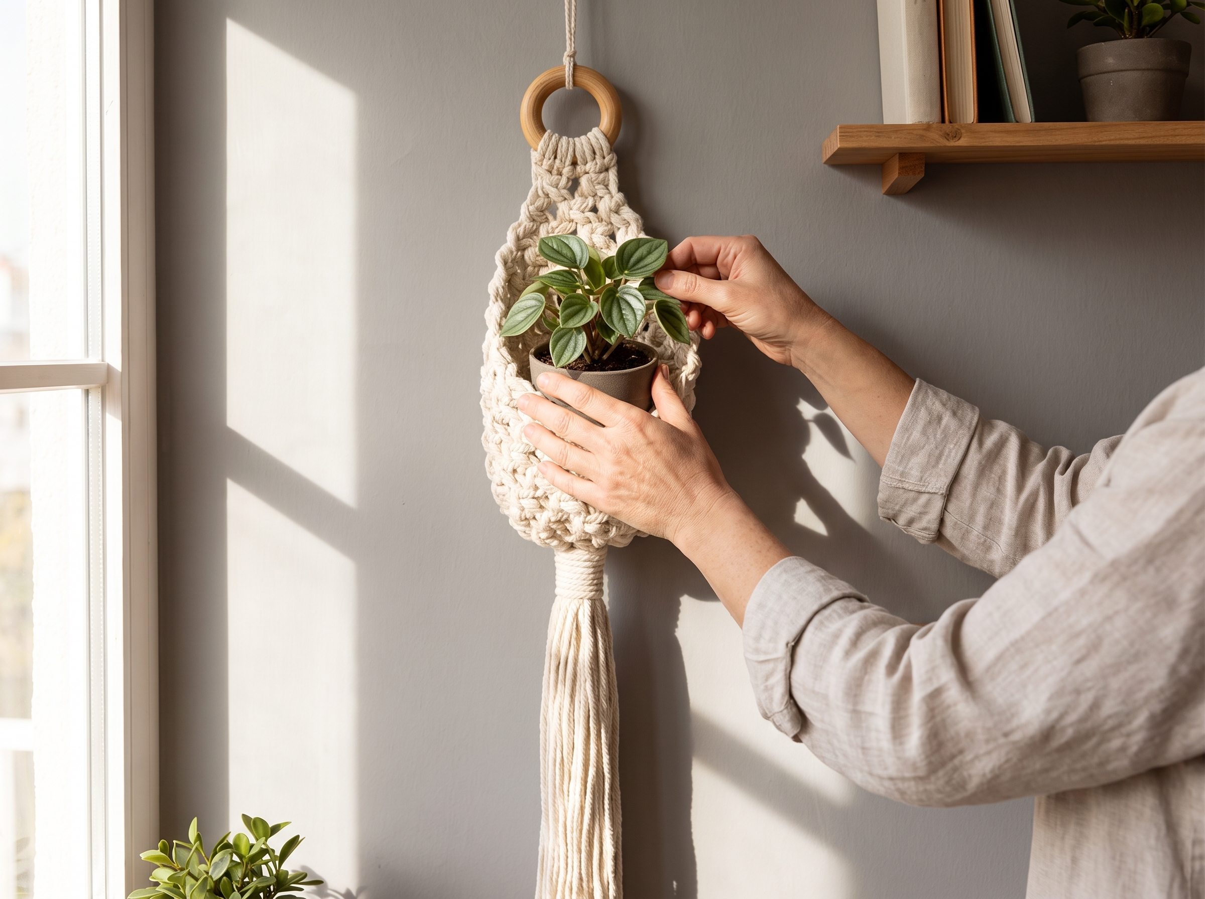 Cotton Rope Hanging Wall Basket with Boho Tassel – Creamy White shown in natural everyday use at home