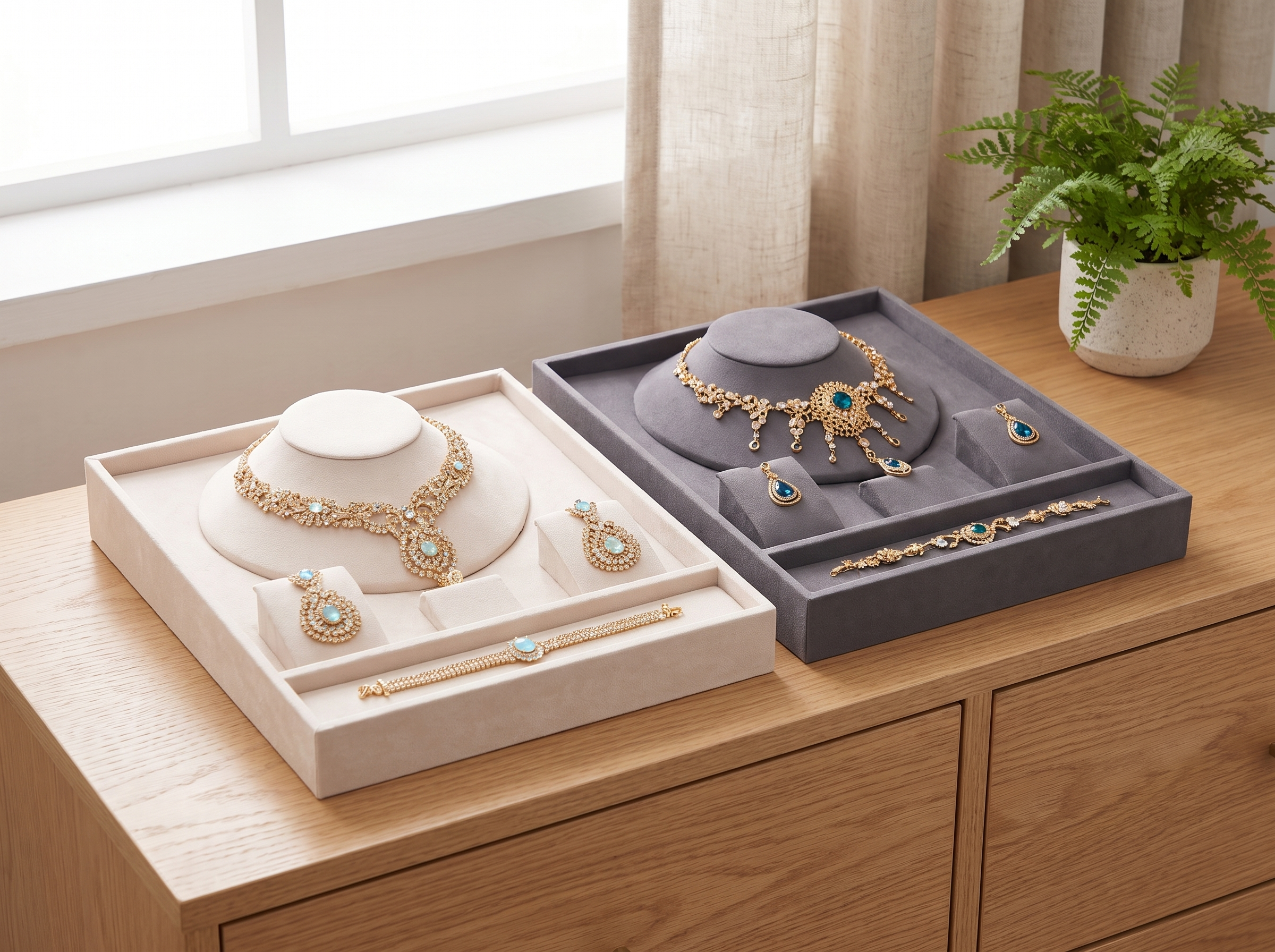 Velvet Partitioned Jewelry Tray for Dresser or Closet Organization in a realistic home setting