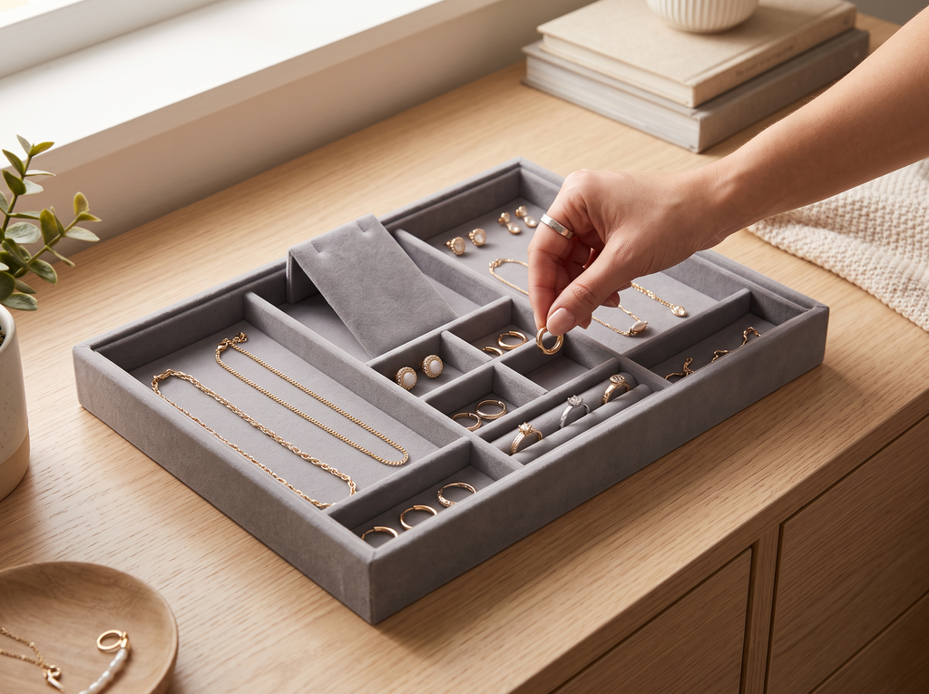 Velvet Partitioned Jewelry Tray for Dresser or Closet Organization shown in natural everyday use at home