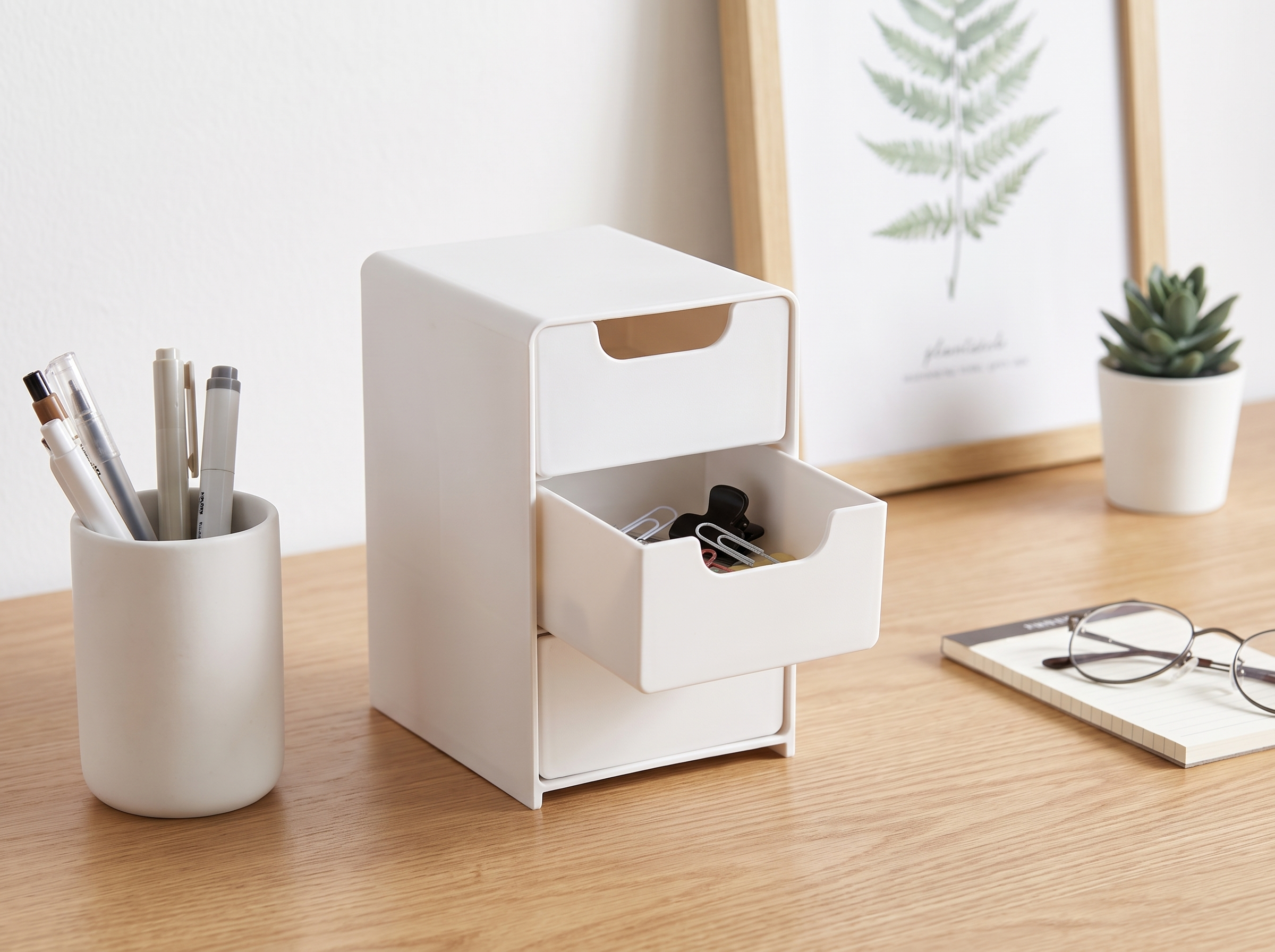 3-Tier Mini Desk Drawer Organizer – White Plastic Storage for Office, Vanity, or Dorm in a realistic home setting