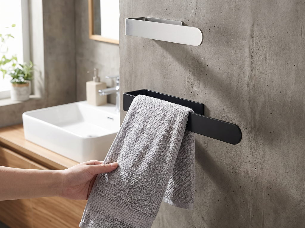 Self-Adhesive Stainless Steel Towel Rack for Bathroom & Kitchen shown in natural everyday use at home