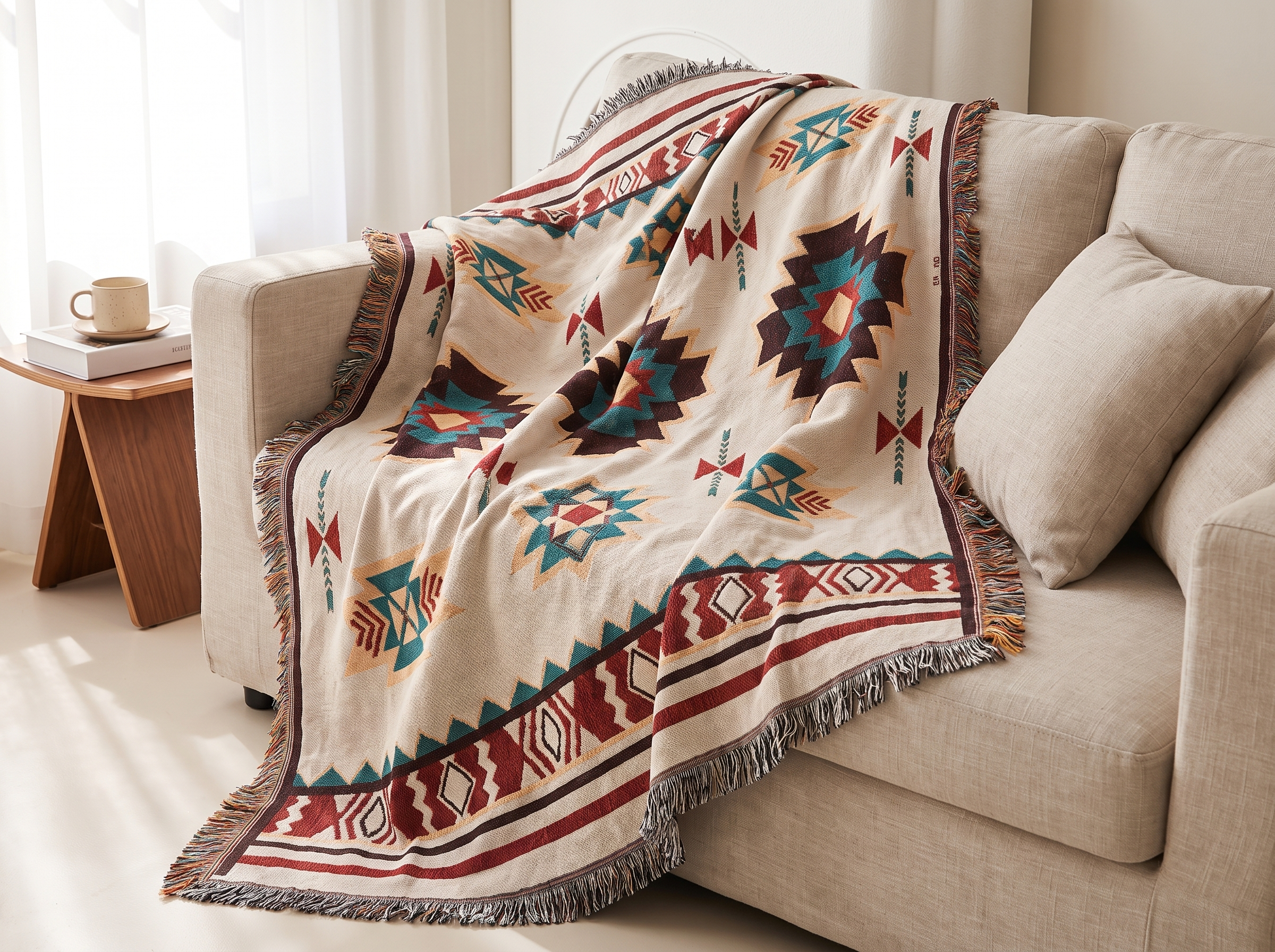 Oversized Woven Throw Blanket with Geometric Fringe for Sofa, Bed, or Picnic in a realistic home setting
