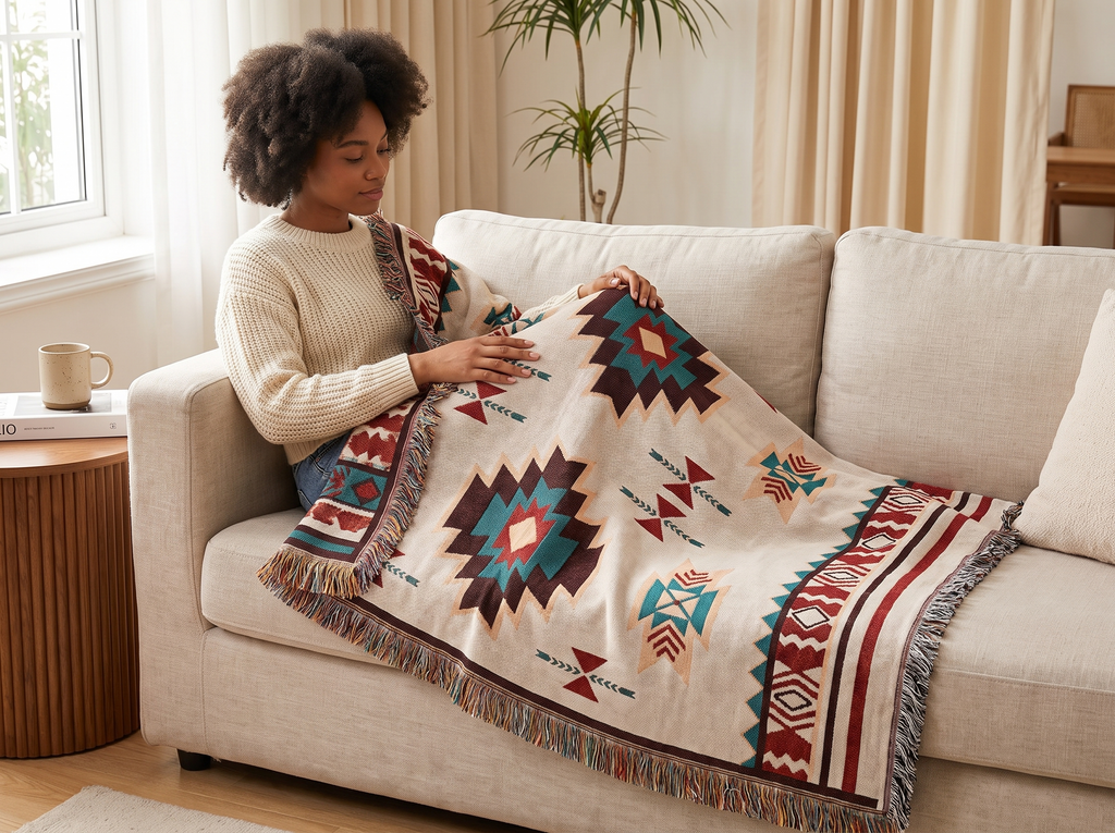 Oversized Woven Throw Blanket with Geometric Fringe for Sofa, Bed, or Picnic shown in natural everyday use at home