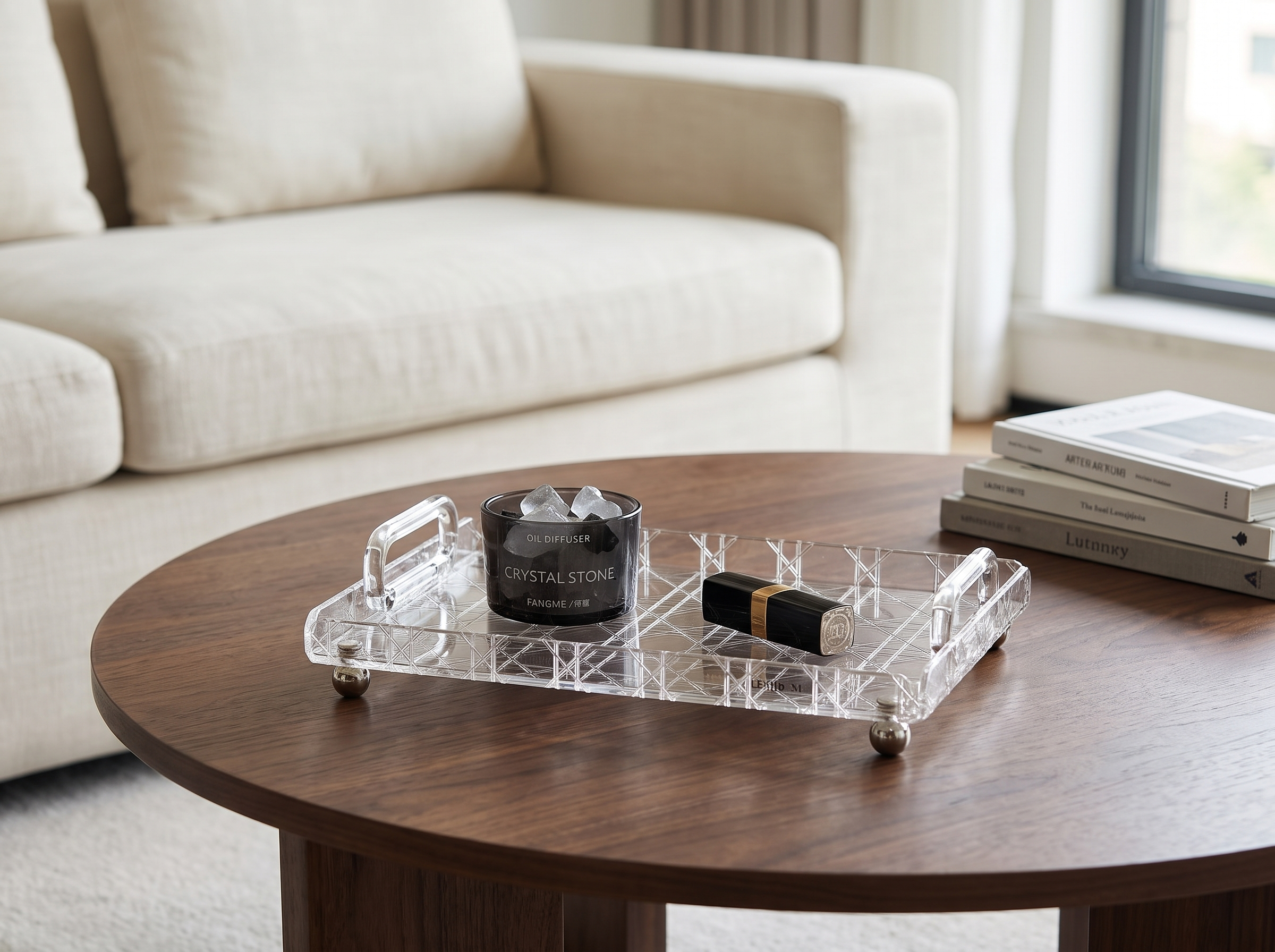 Transparent Decorative Tray for Coffee Tables and Counters in a realistic home setting