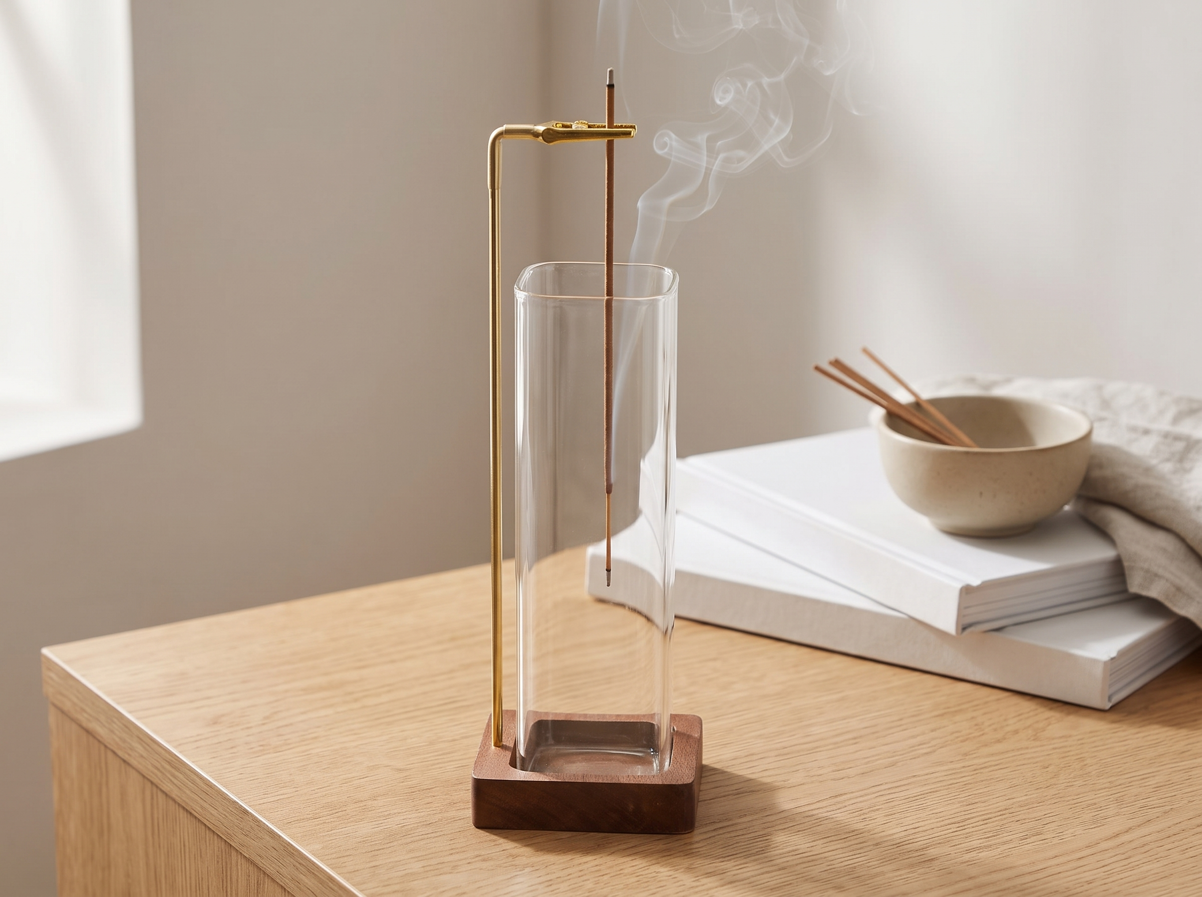 Glass & Wood Incense Holder with Ash Catcher for Home or Desk in a realistic home setting