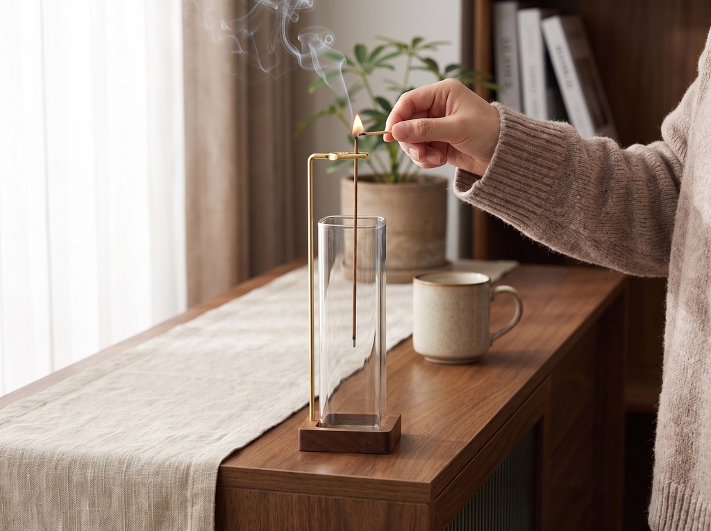 Glass & Wood Incense Holder with Ash Catcher for Home or Desk shown in natural everyday use at home