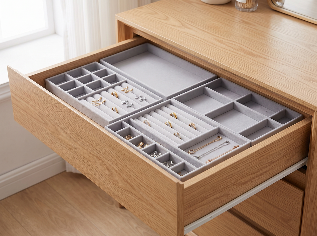 Velvet Jewelry Drawer Organizer Tray – Various Grid Options in a realistic home setting