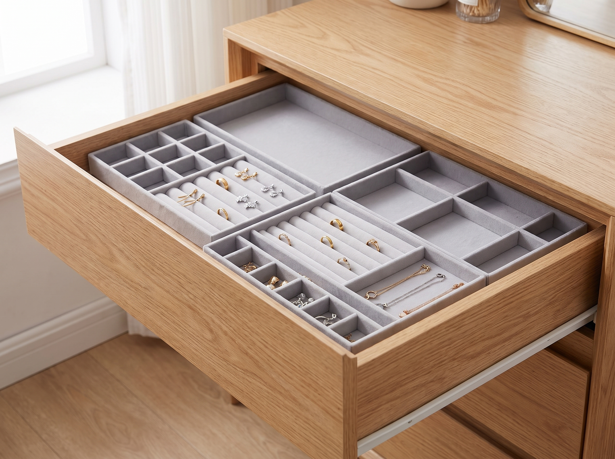 Velvet Jewelry Drawer Organizer Tray – Various Grid Options in a realistic home setting