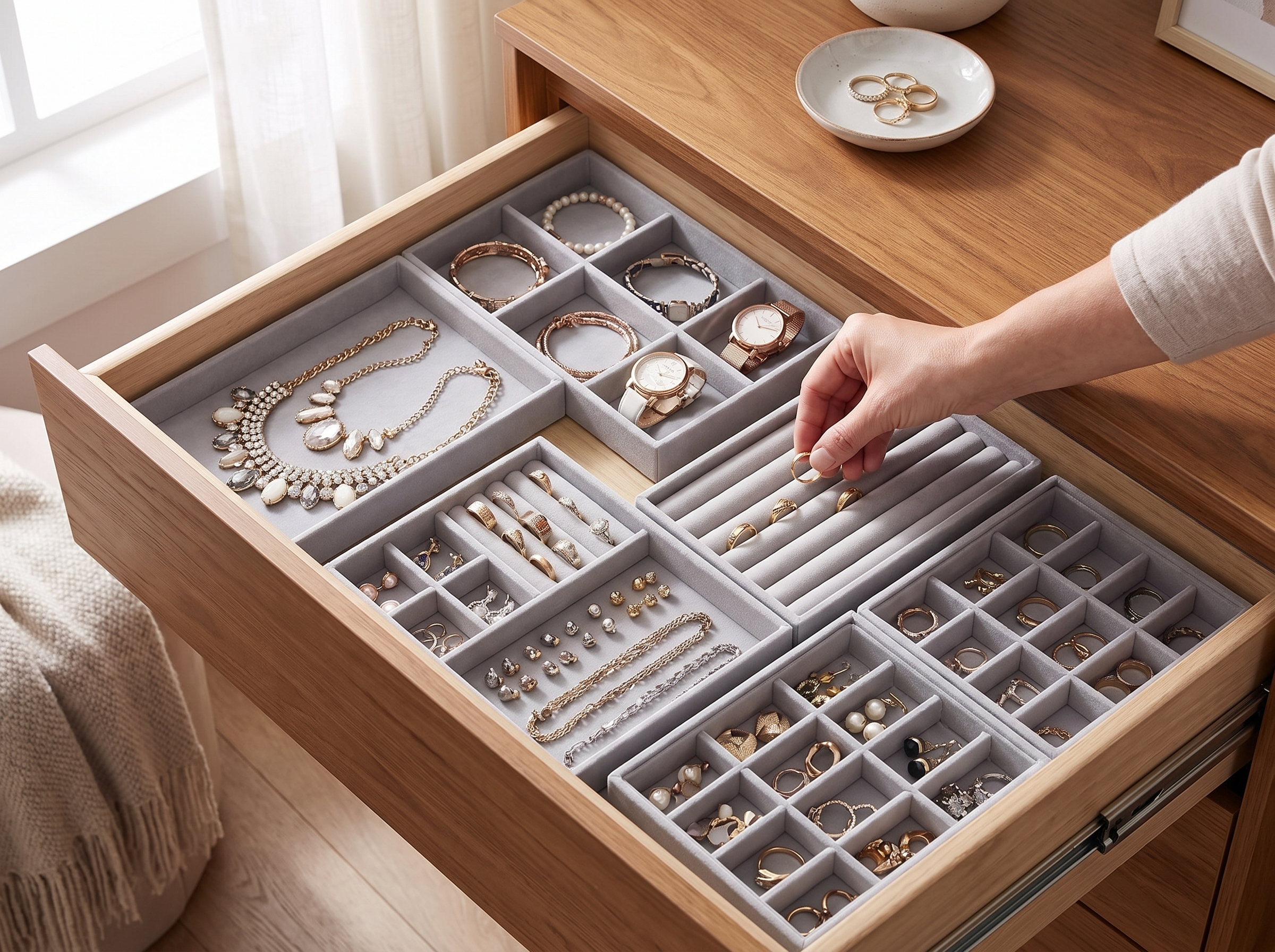 Velvet Jewelry Drawer Organizer Tray – Various Grid Options shown in natural everyday use at home