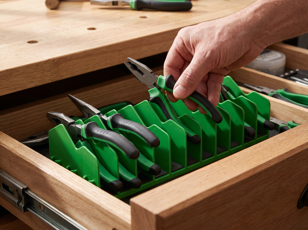 Pliers and Hand Tool Organizer Rack for Drawer or Toolbox shown in natural everyday use at home