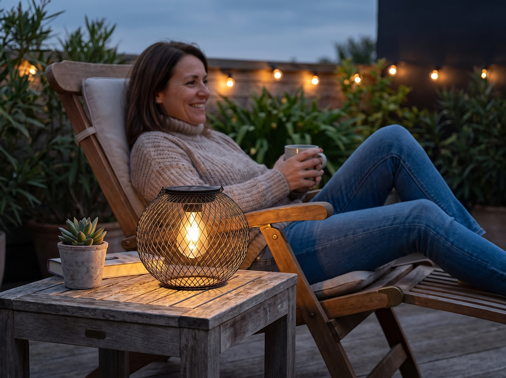 Mesh Solar Lantern for Outdoor Spaces with Hanging Chain shown in natural everyday use at home