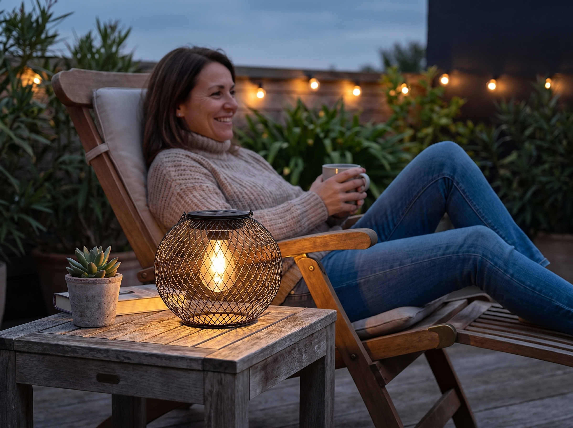 Mesh Solar Lantern for Outdoor Spaces with Hanging Chain shown in natural everyday use at home