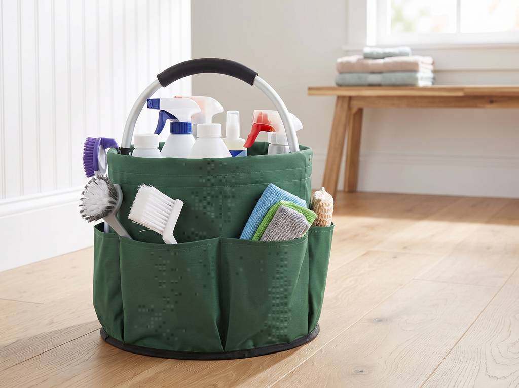 Foldable Canvas Storage Basket with Pockets for Cleaning, Garden, or Picnics in a realistic home setting