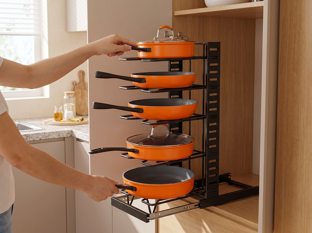 8-Tier Adjustable Pot & Pan Organizer Rack for Kitchen Cabinets shown in natural everyday use at home