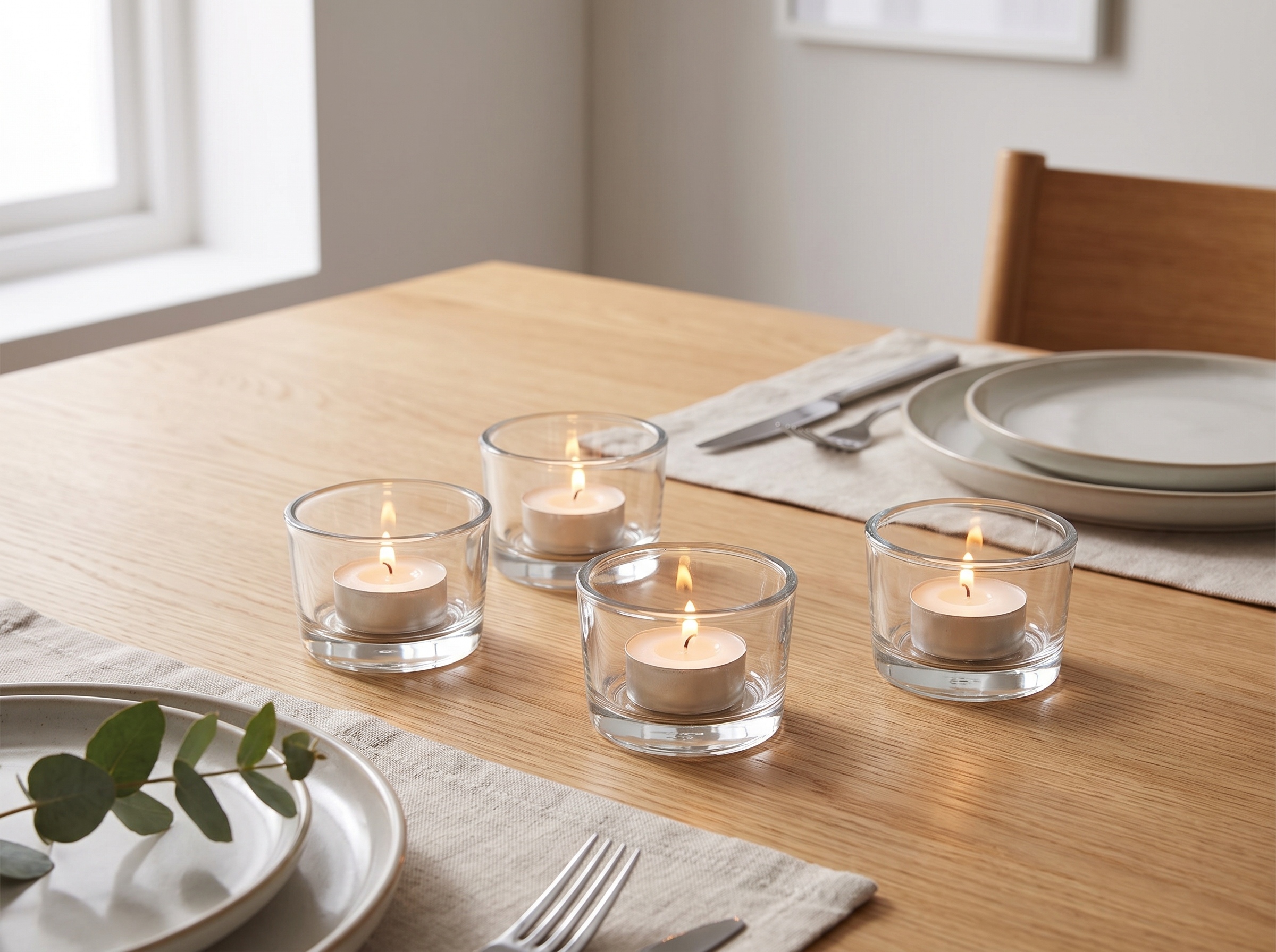 Clear Glass Tealight Holders for Tabletop and Centerpieces in a realistic home setting