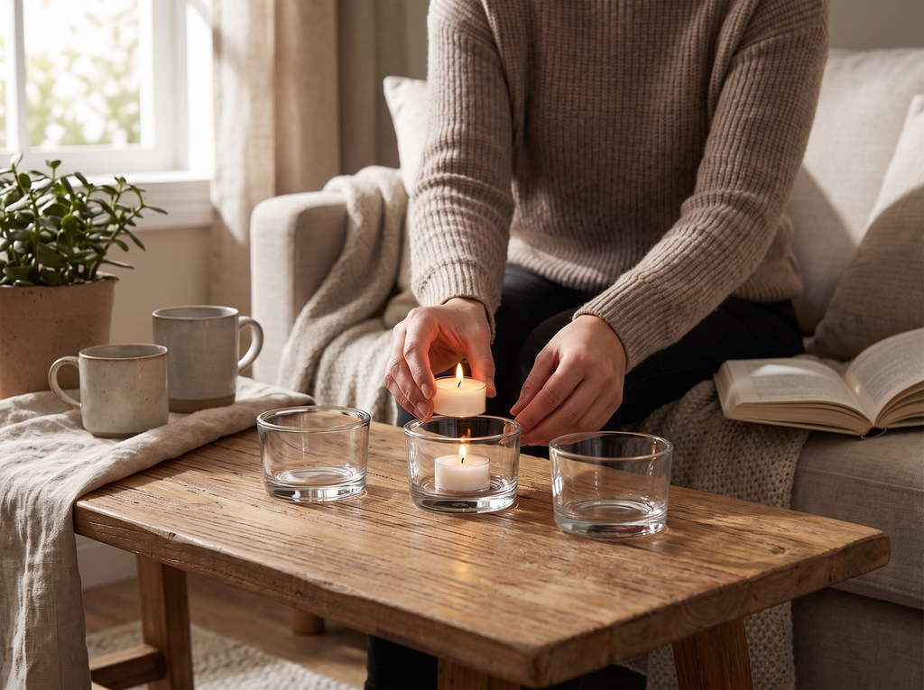 Clear Glass Tealight Holders for Tabletop and Centerpieces shown in natural everyday use at home