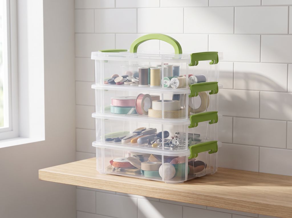 Stackable Clear Storage Box with Carry Handle for Home Organization in a realistic home setting