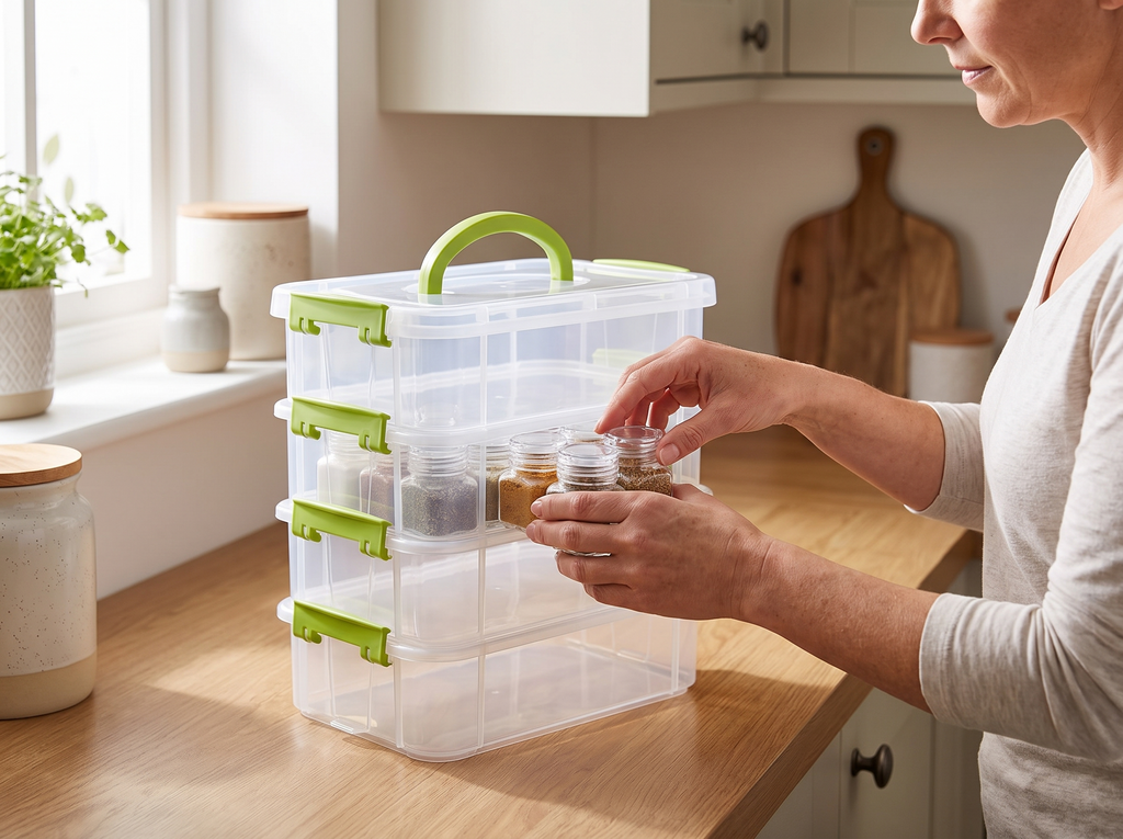 Stackable Clear Storage Box with Carry Handle for Home Organization shown in natural everyday use at home
