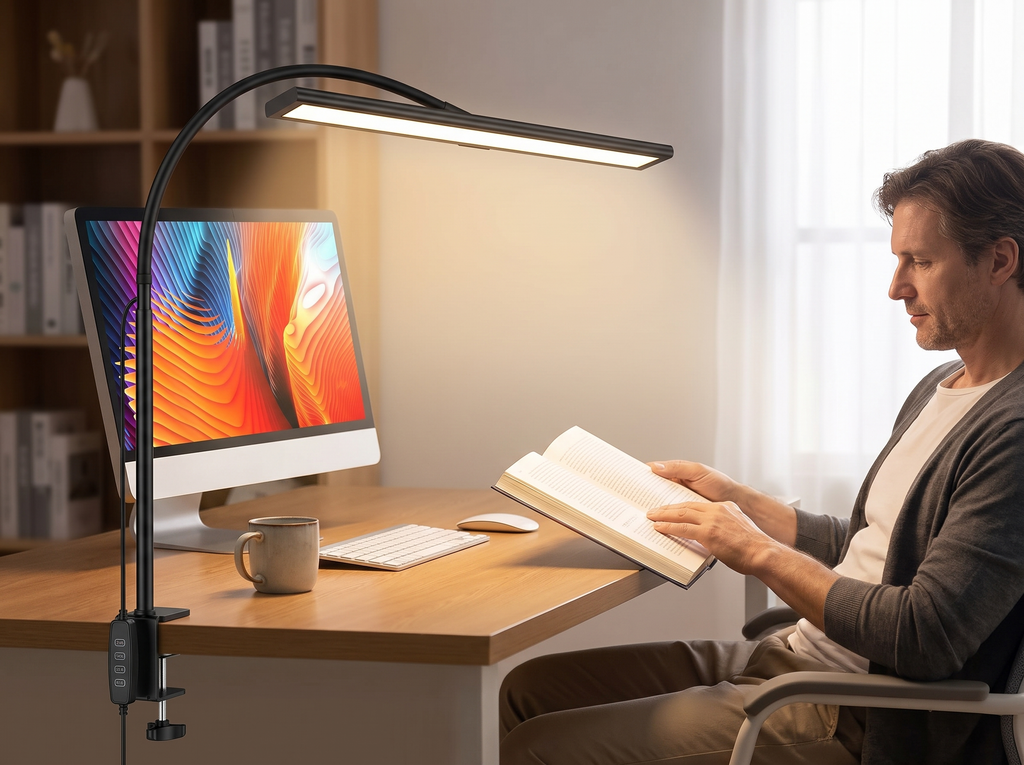 Adjustable LED Clamp Desk Lamp with Flexible Gooseneck for Home Office shown in natural everyday use at home