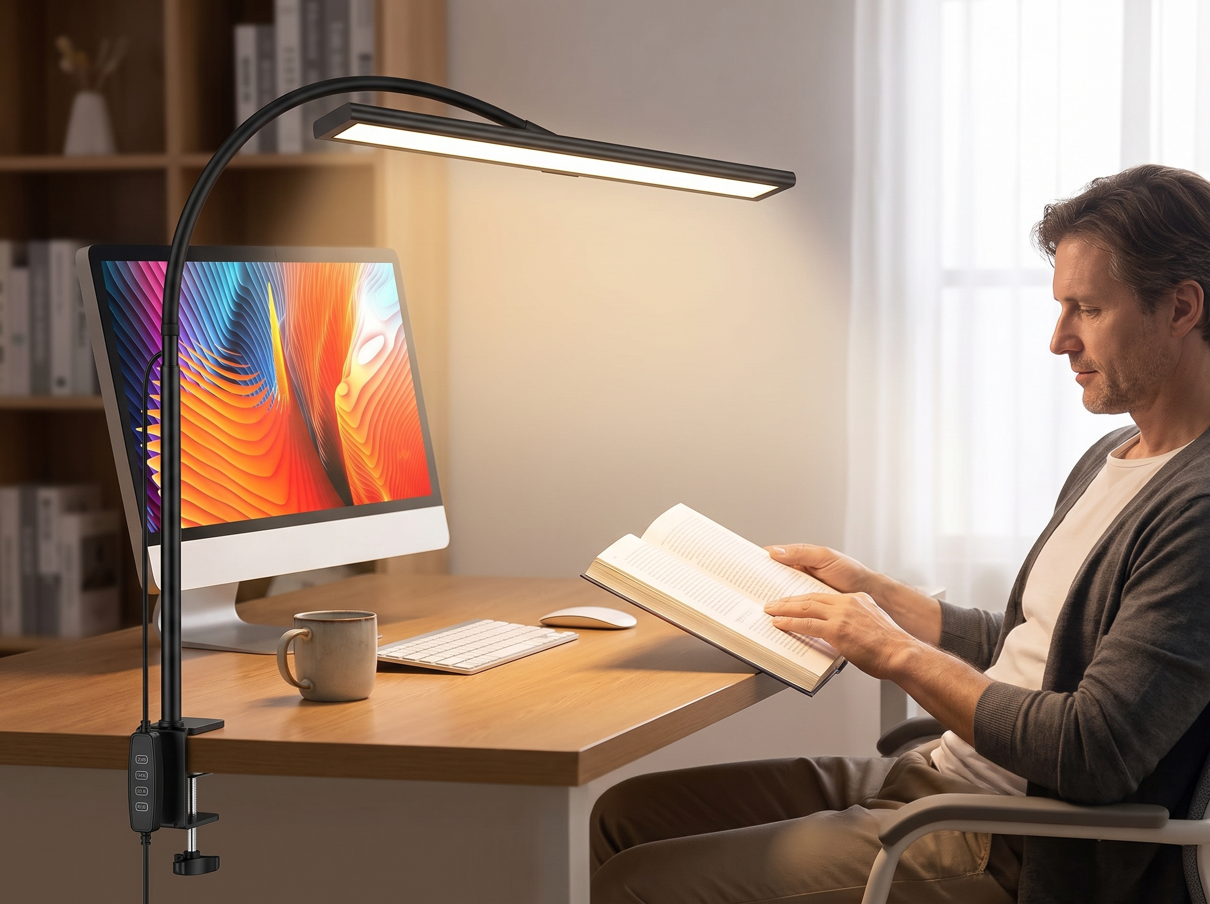 Adjustable LED Clamp Desk Lamp with Flexible Gooseneck for Home Office shown in natural everyday use at home