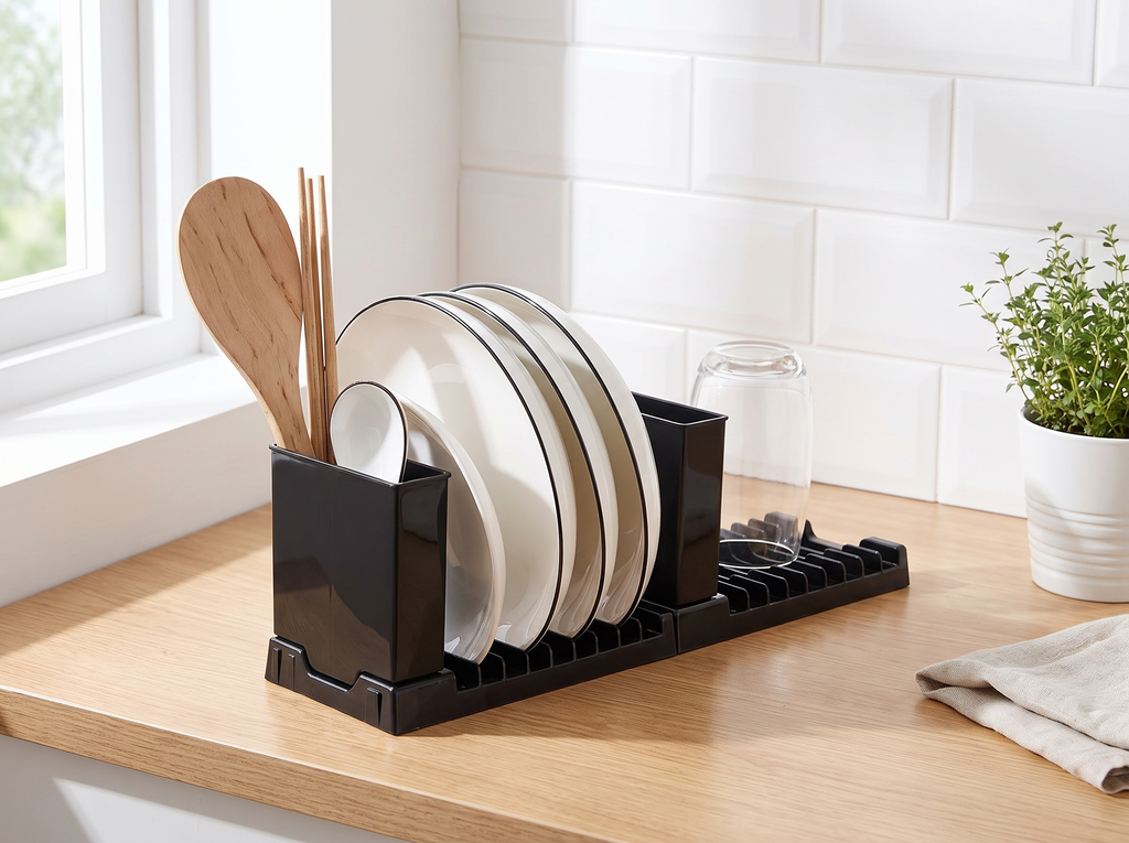 Compact Dish Drying Rack with Utensil Holder for Kitchen Counters in a realistic home setting