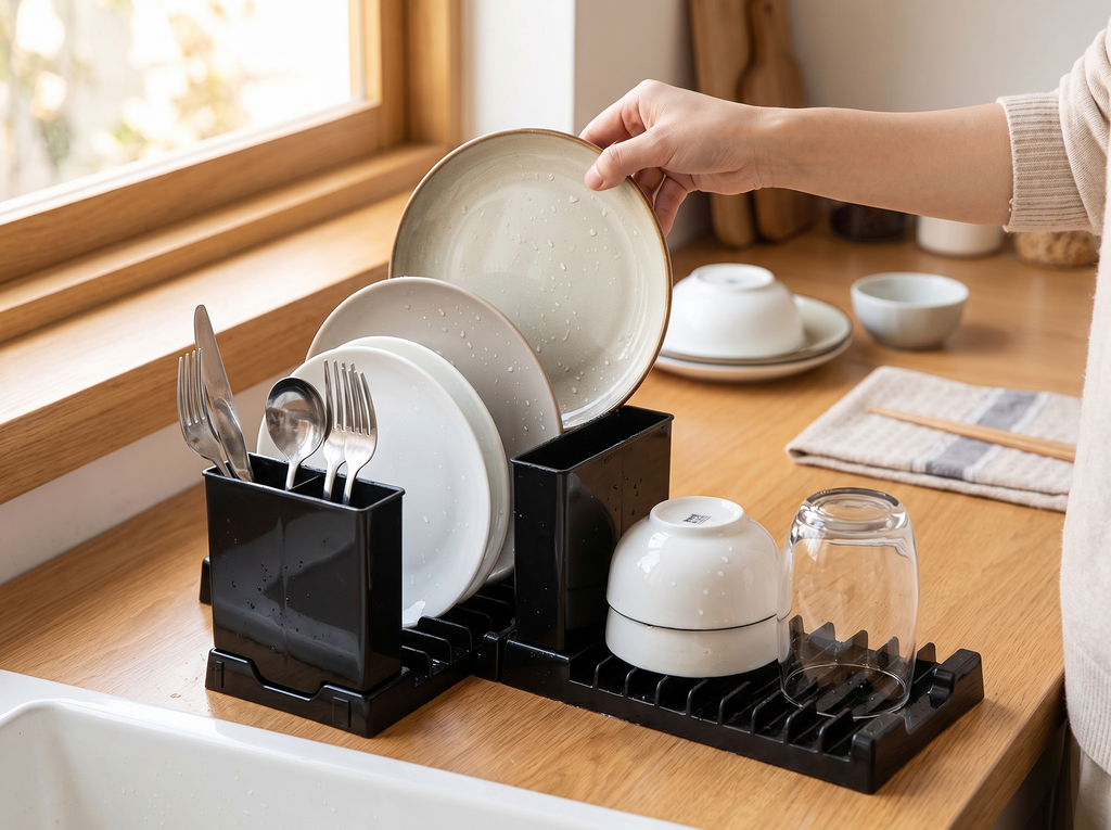 Compact Dish Drying Rack with Utensil Holder for Kitchen Counters shown in natural everyday use at home