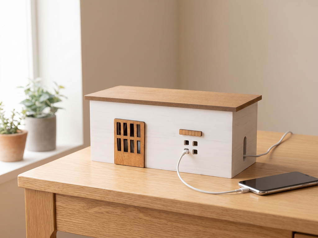 Wooden Cord Organizer Box – Cottage Design for Desk & TV Area in a realistic home setting