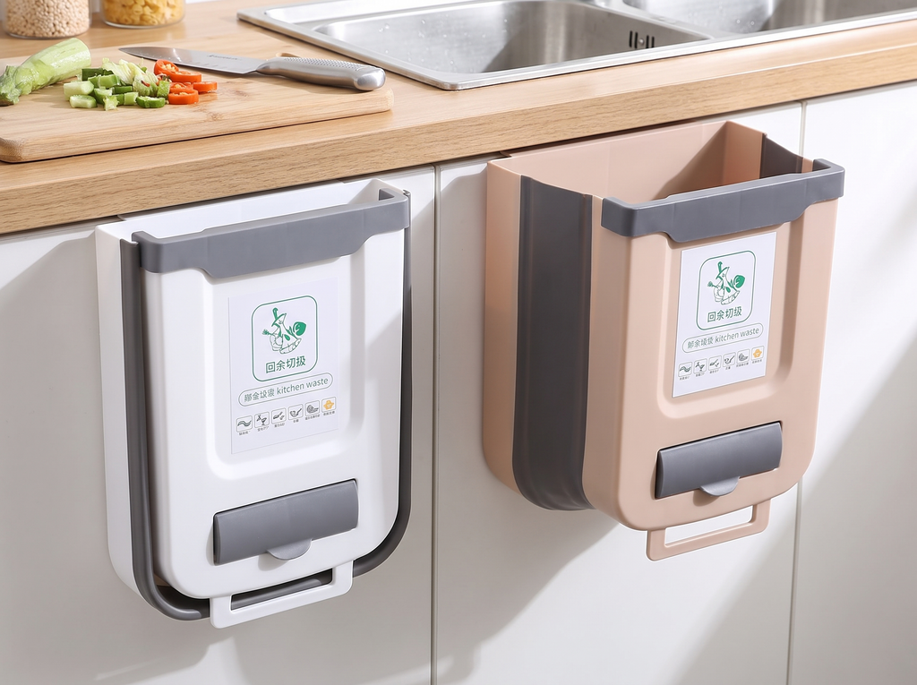 Folding Wall-Mounted Kitchen Trash Bin for Cabinet Doors in a realistic home setting