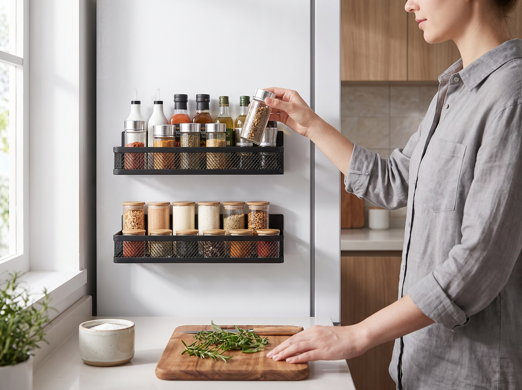Magnetic Metal Spice Rack Set for Fridge or Oven – Kitchen Organization shown in natural everyday use at home
