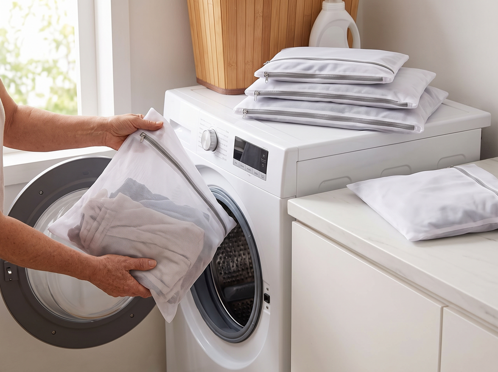Mesh Laundry Bags with Zipper for Washing Machine (Single or 4-Pack) shown in natural everyday use at home