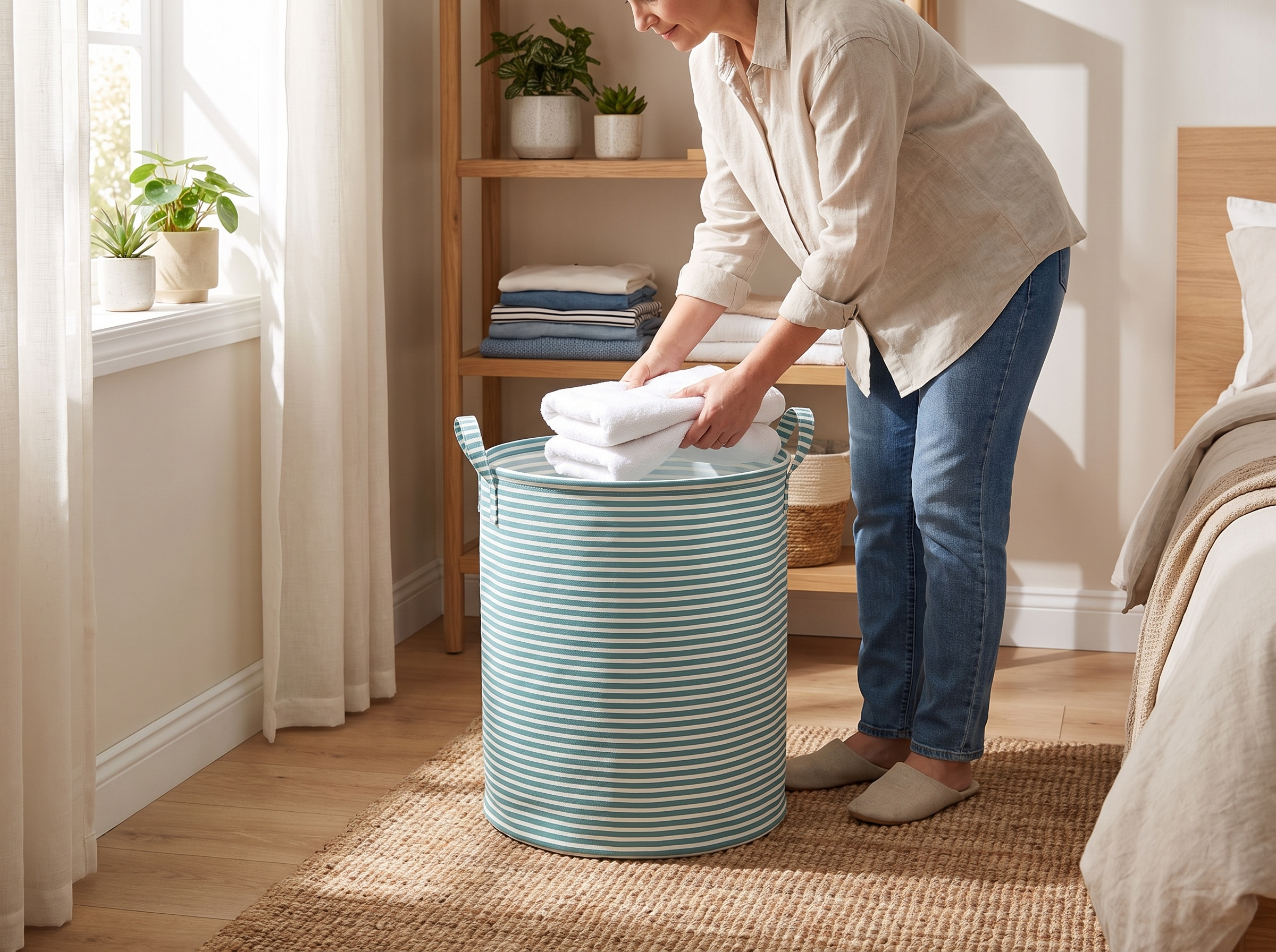 Foldable Striped Laundry Basket with Handles – Multi-Use Storage Bin shown in natural everyday use at home