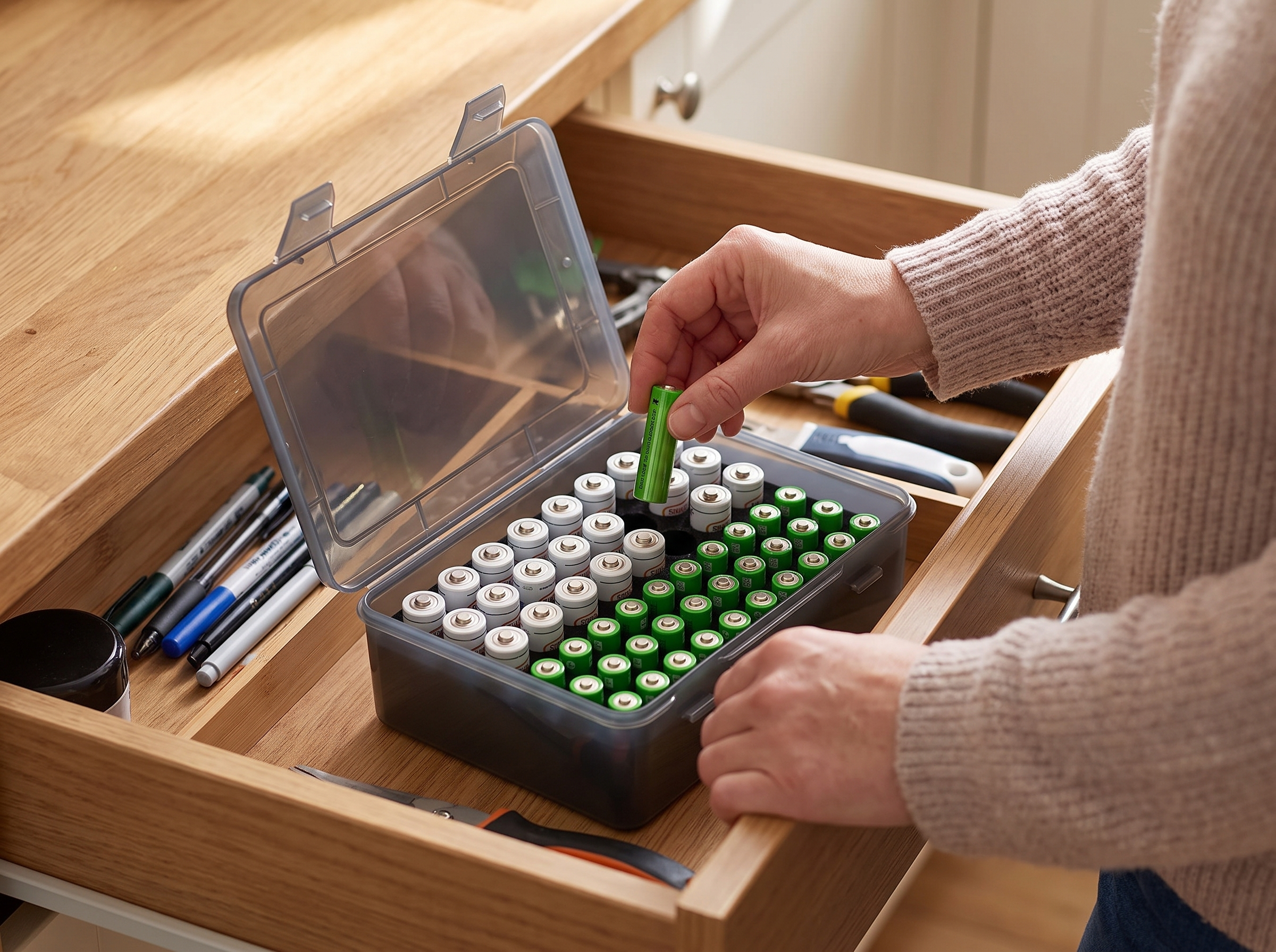 54-Slot Battery Organizer Box for AA AAA Home Drawer Storage shown in natural everyday use at home