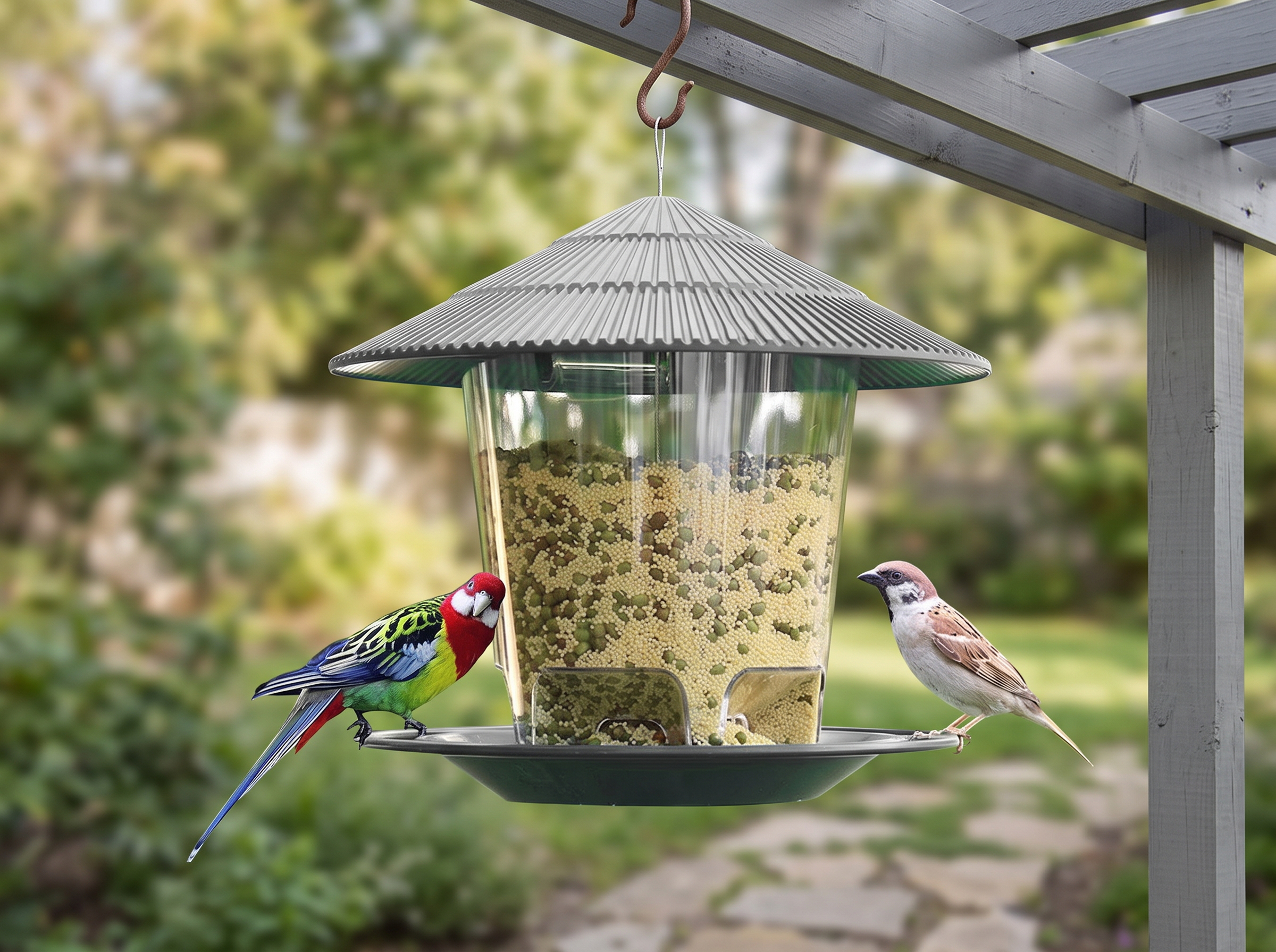 Hanging Outdoor Bird Feeder with Multi-Perch Design in a realistic home setting