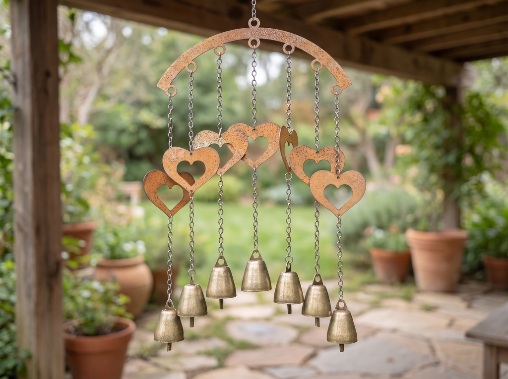 Metal Hanging Wind Chime with Hearts or Stars for Garden or Balcony in a realistic home setting