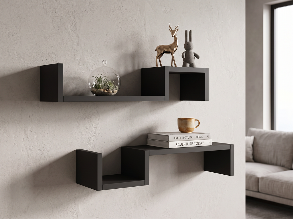 S-Shaped Floating Wall Shelf for Living Room or Office in a realistic home setting