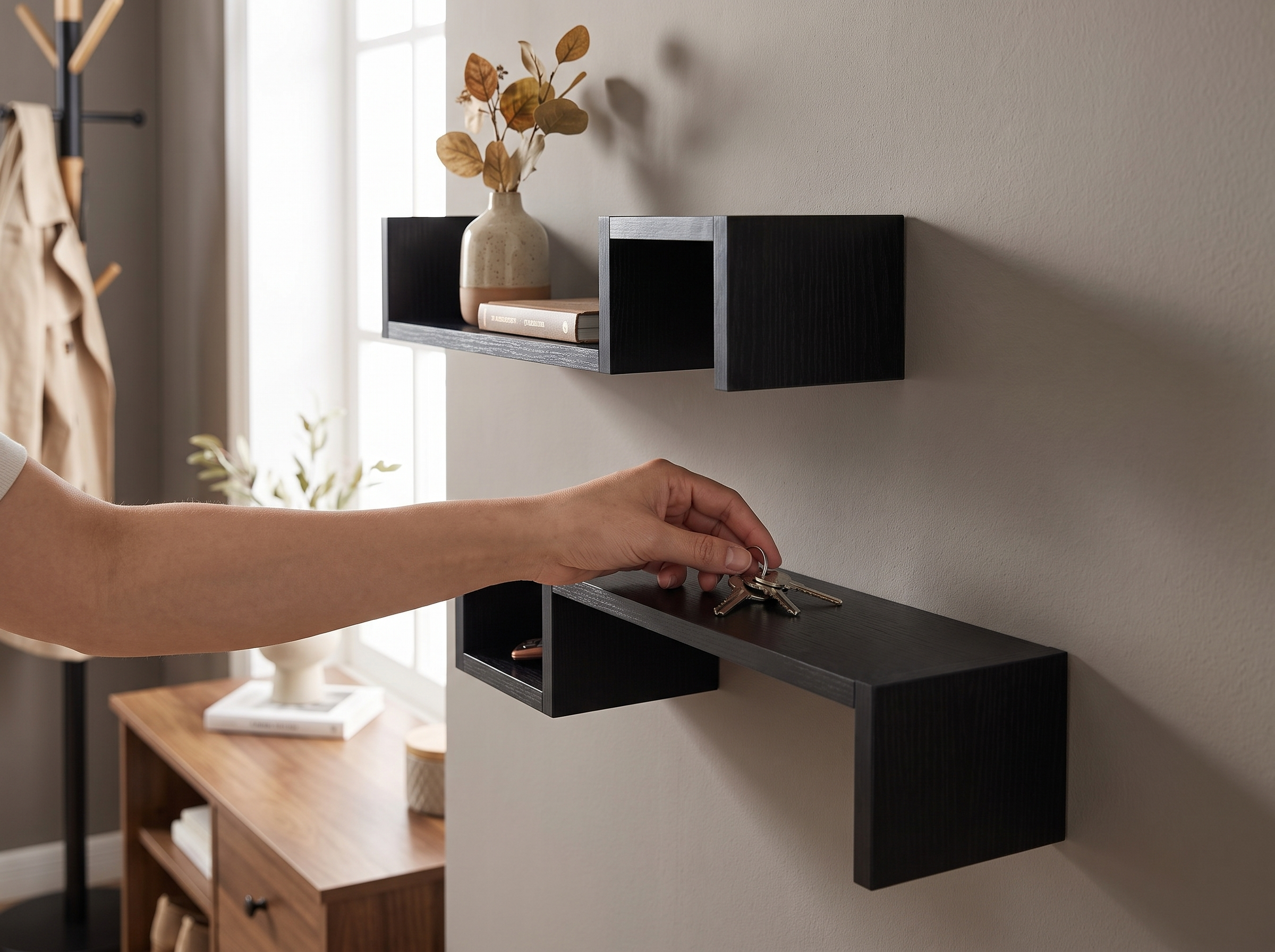 S-Shaped Floating Wall Shelf for Living Room or Office shown in natural everyday use at home