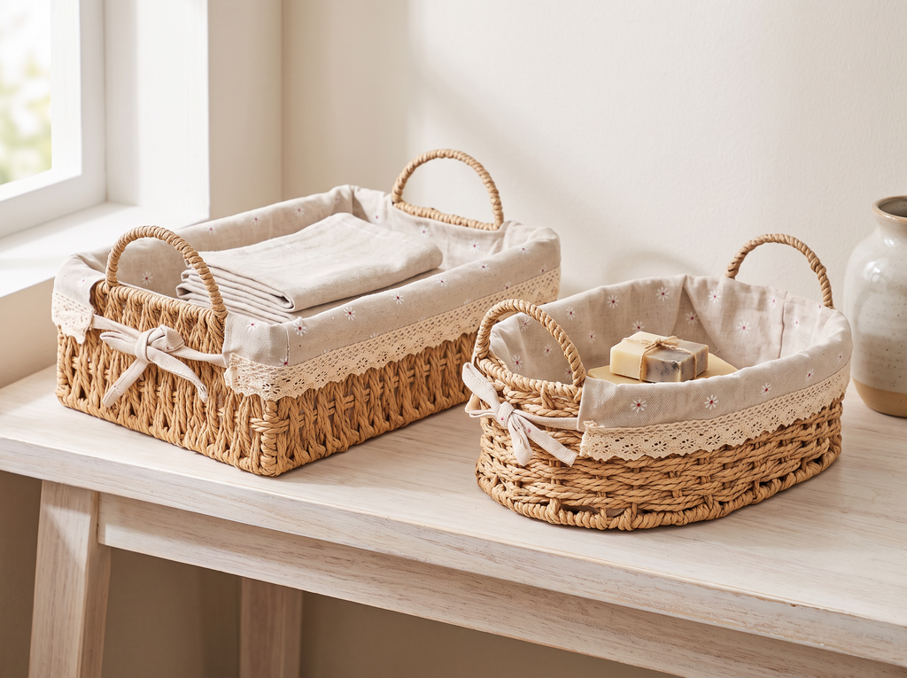 Handwoven Woven Storage Baskets with Removable Linen Liner in a realistic home setting