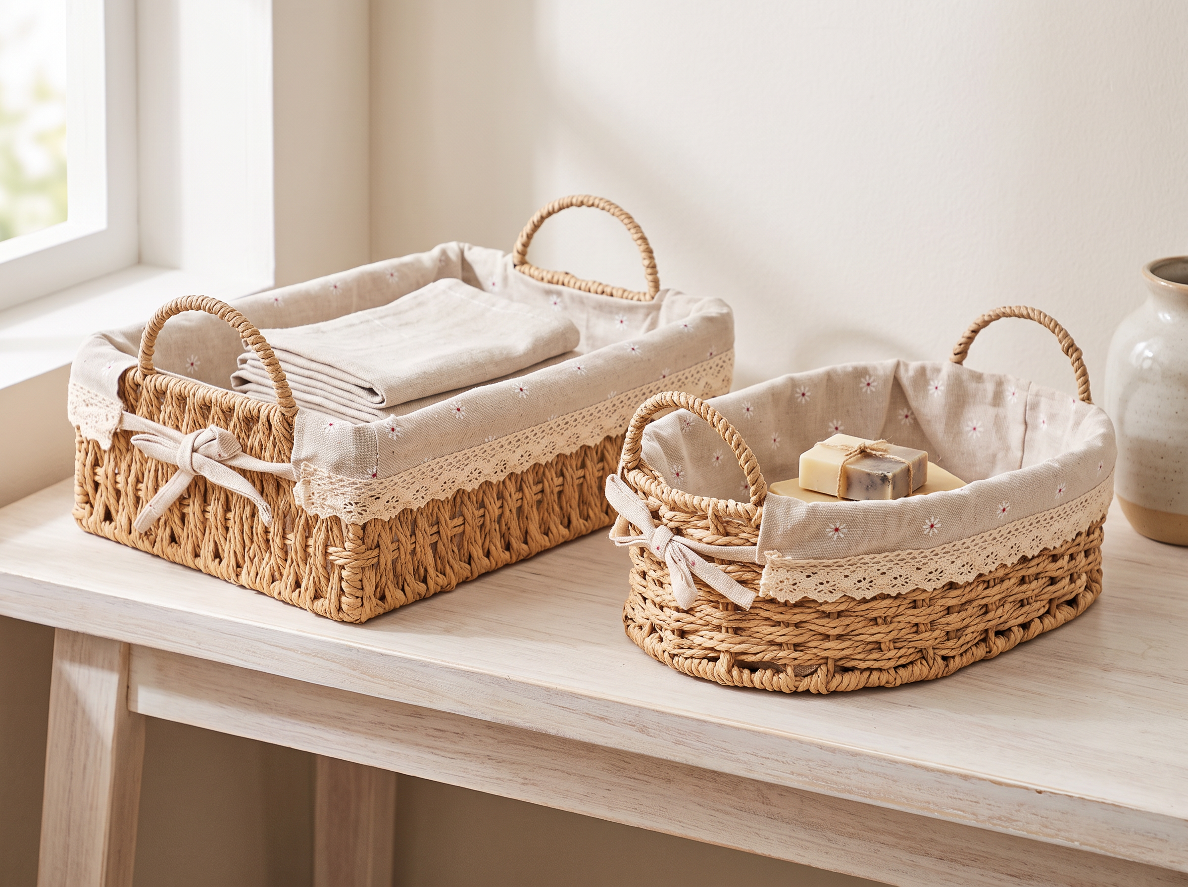 Handwoven Woven Storage Baskets with Removable Linen Liner in a realistic home setting