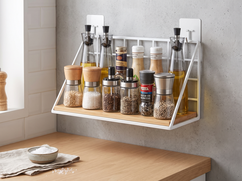 Metal and Wood Wall-Mounted Spice Rack Shelf for Kitchen & More in a realistic home setting