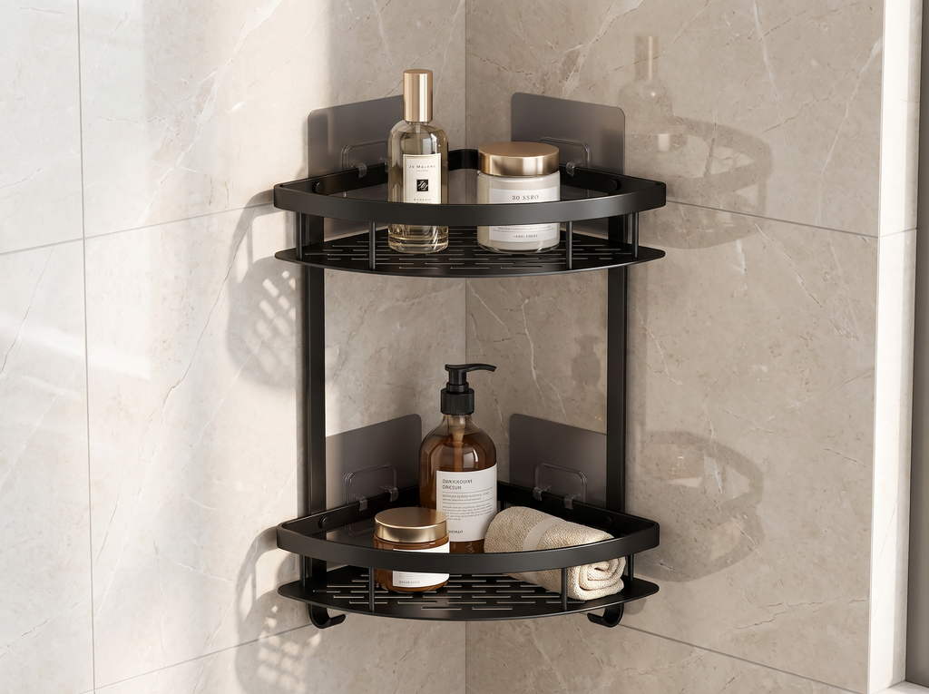 No-Drill Black Aluminum Corner Bathroom Shelf in a realistic home setting