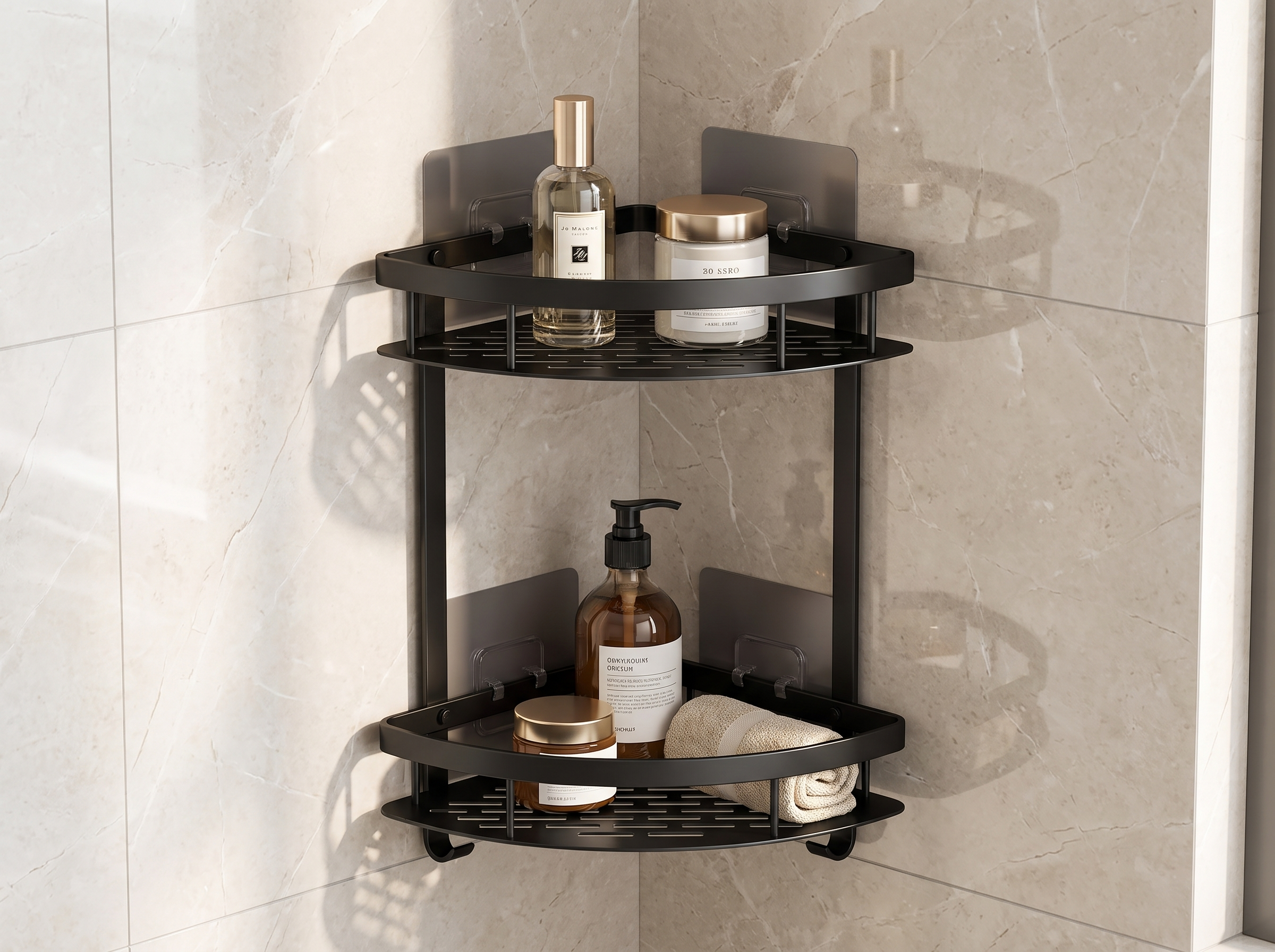 No-Drill Black Aluminum Corner Bathroom Shelf in a realistic home setting