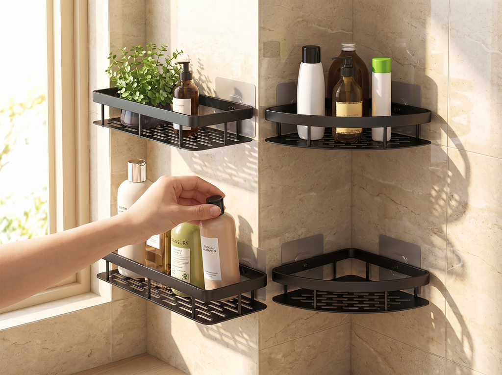 No-Drill Black Aluminum Corner Bathroom Shelf shown in natural everyday use at home