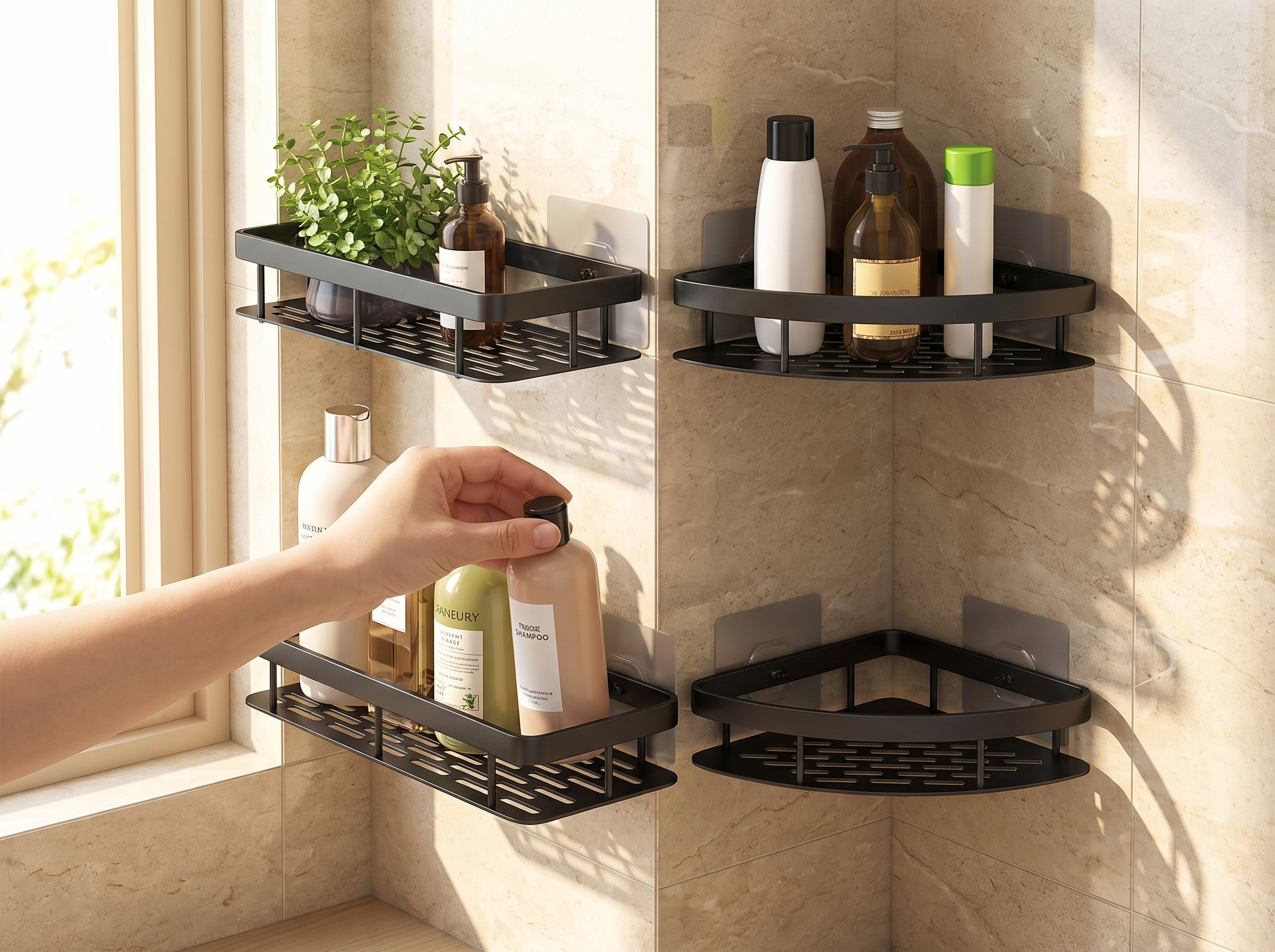 No-Drill Black Aluminum Corner Bathroom Shelf shown in natural everyday use at home
