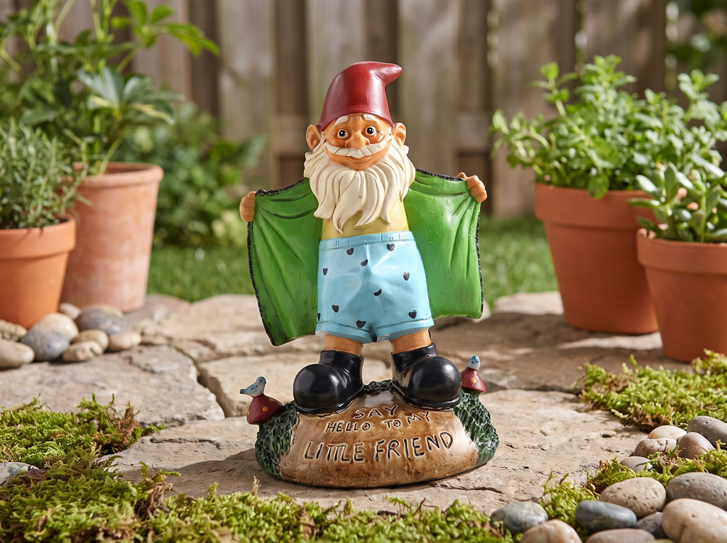 Whimsical Garden Gnome Statue for Yard or Patio Decor in a realistic home setting